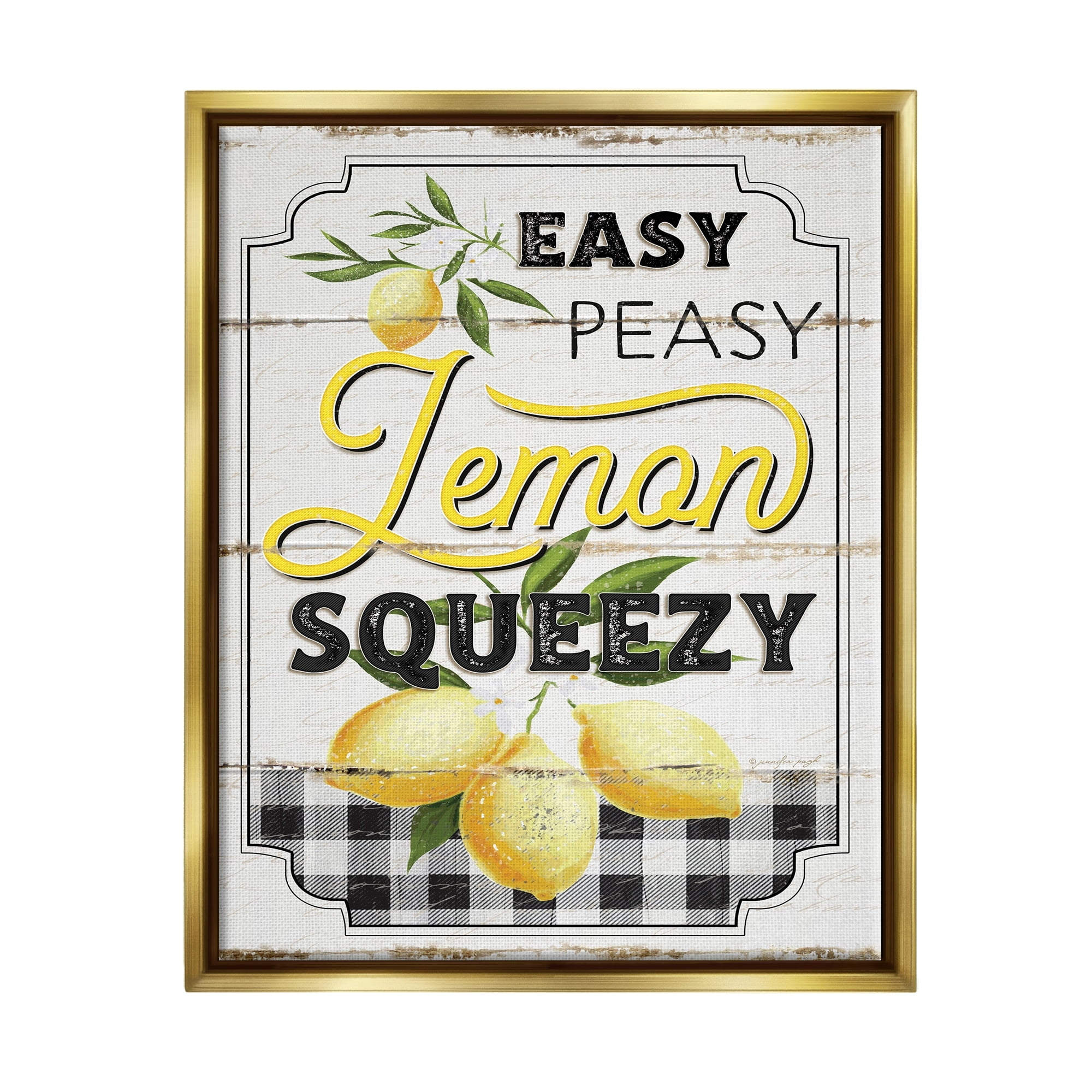 Stupell Industries Vintage Rustic Easy Peasy Lemon Squeezy Quote Metallic Gold Framed Floating Canvas Wall Art, 24x30, by Jennifer Pugh