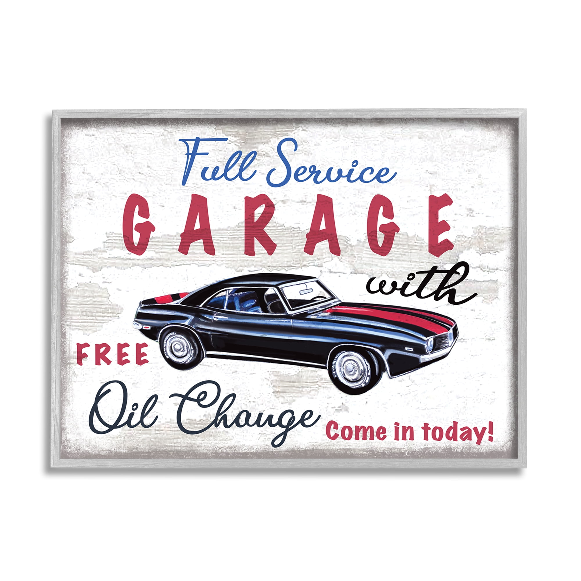 Stupell Industries Vintage Rustic Full Service Garage Sign Sports Car Graphic Art Gray Framed Art Print Wall Art, 11x14, by Elizabeth Tyndall