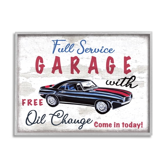 Stupell Industries Vintage Rustic Full Service Garage Sign Sports Car Graphic Art Gray Framed Art Print Wall Art, 11x14, by Elizabeth Tyndall