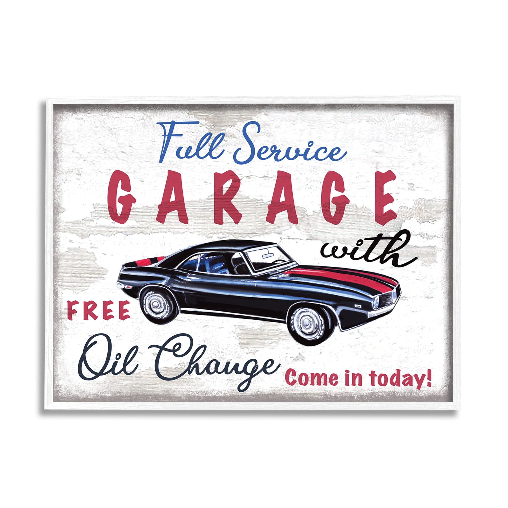 Stupell Industries Vintage Rustic Full Service Garage Sign Sports Car Graphic Art White Framed Art Print Wall Art, 11x14, by Elizabeth Tyndall