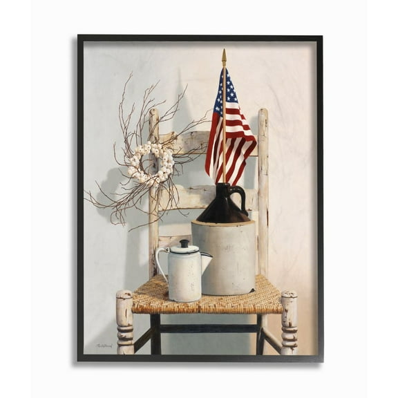Stupell Industries Vintage Rustic Things American Flag Neutral Painting Framed Giclee Texturized Art by Cecile Baird