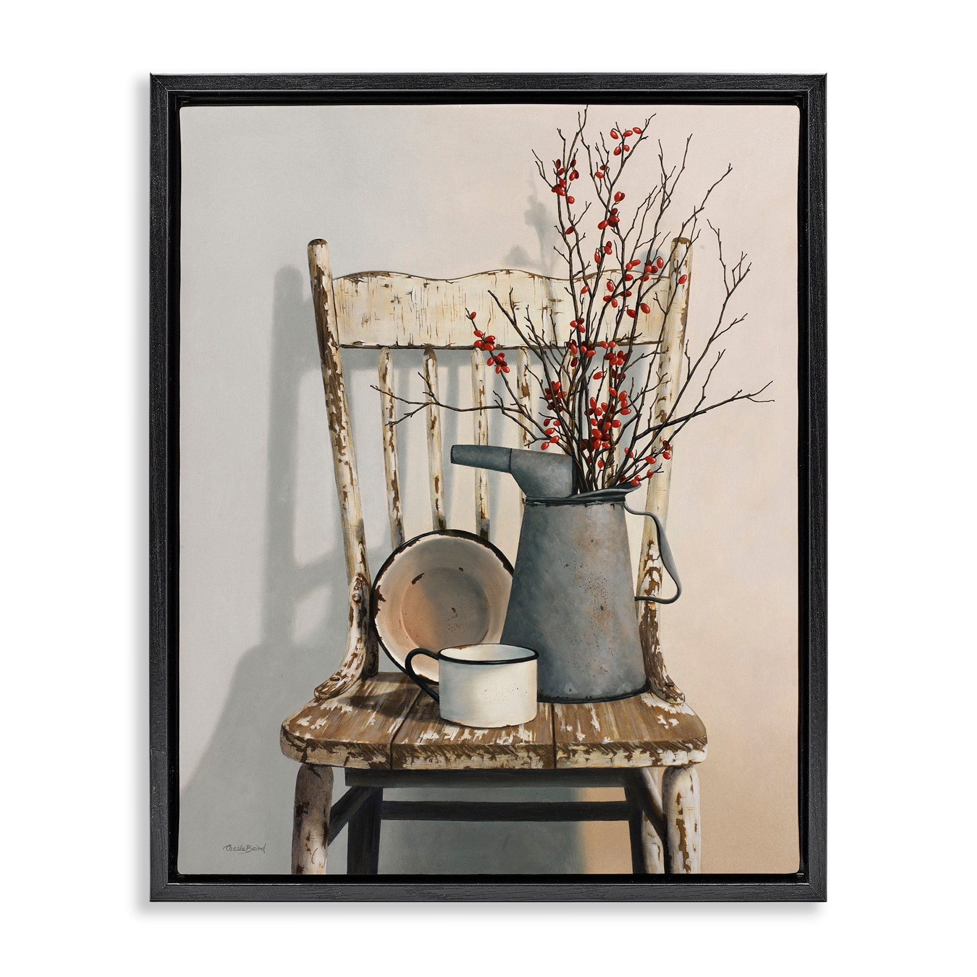 Vintage Rustic Neutral Canvas Painting with Black Frame