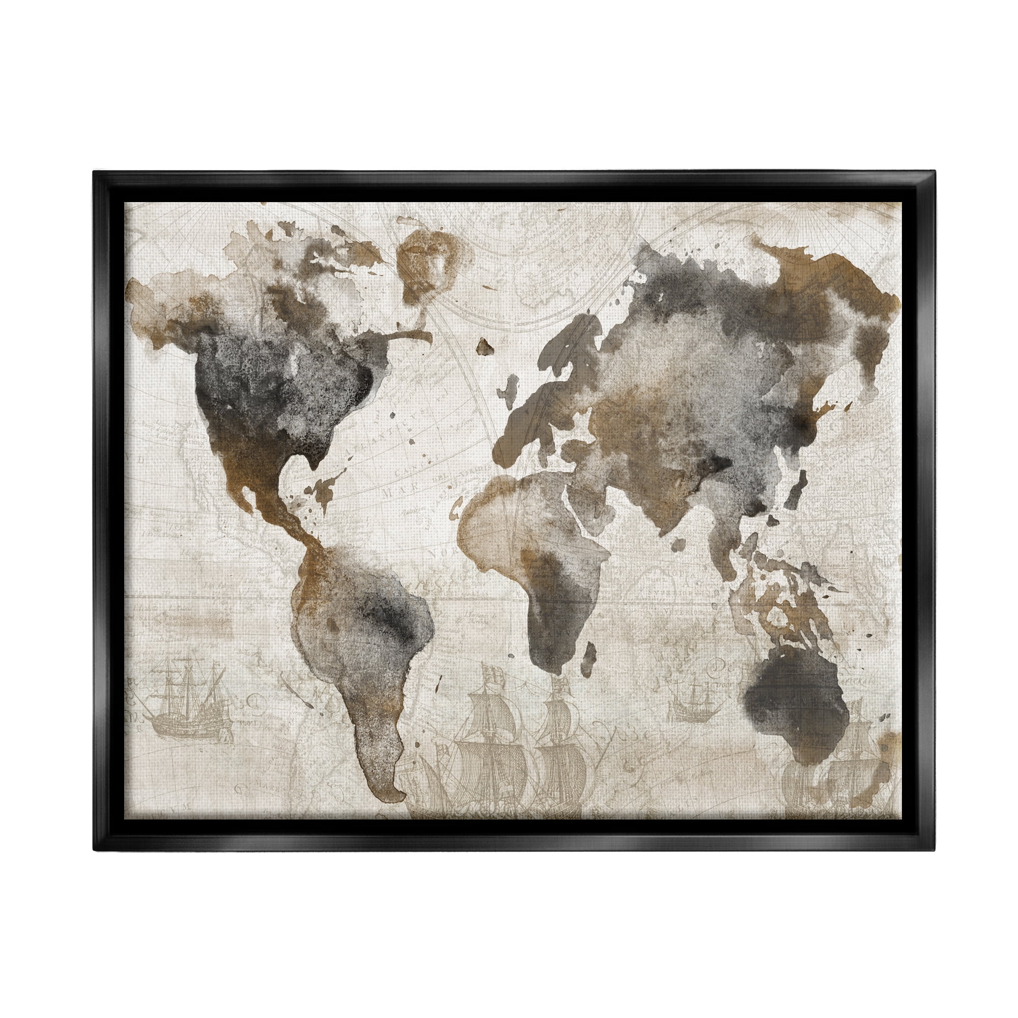 Stupell Industries Vintage Rustic World Map Town & City Painting Black Floater Framed Art Print Wall Art