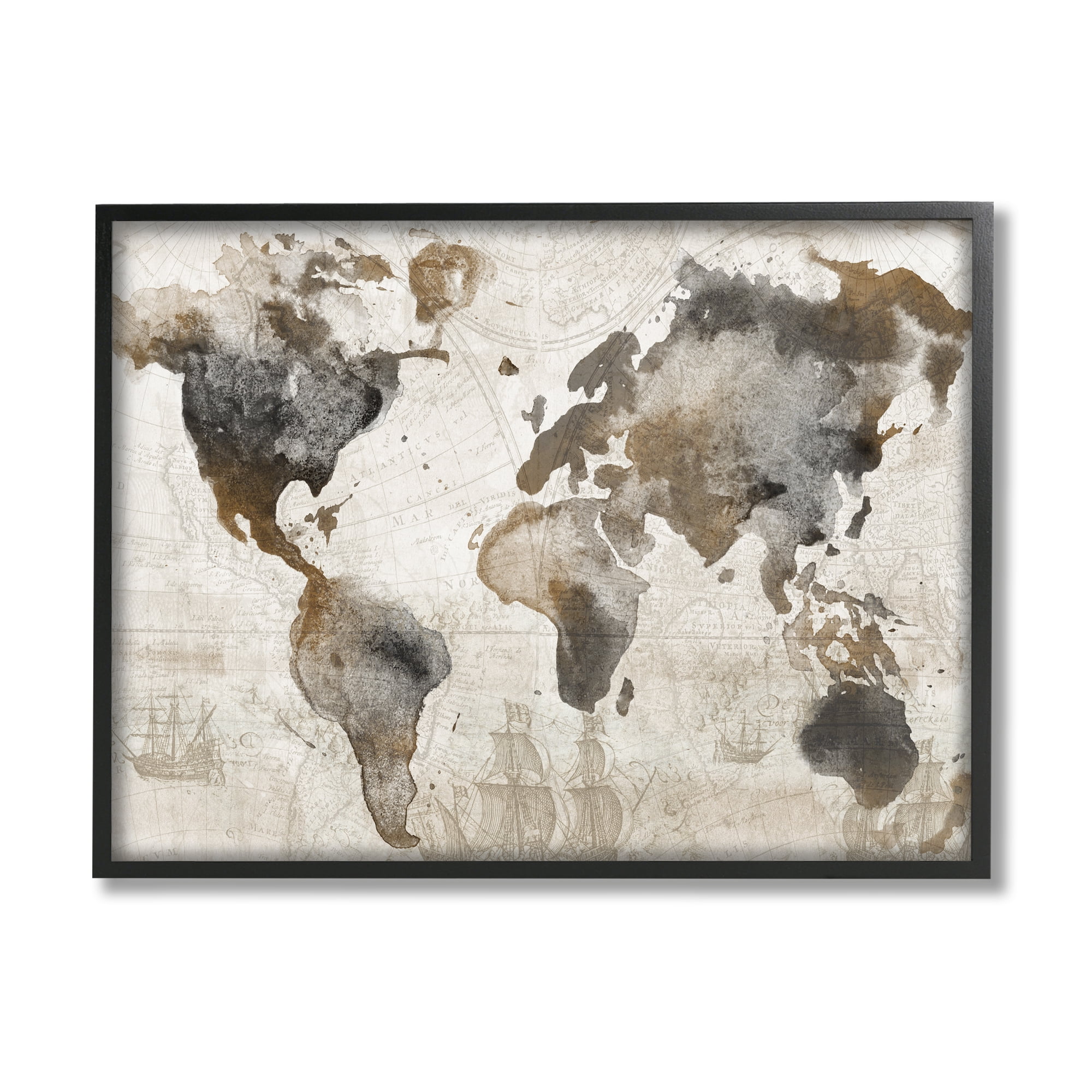 Stupell Industries Vintage Rustic World Map Town & City Painting Black Framed Art Print Wall Art