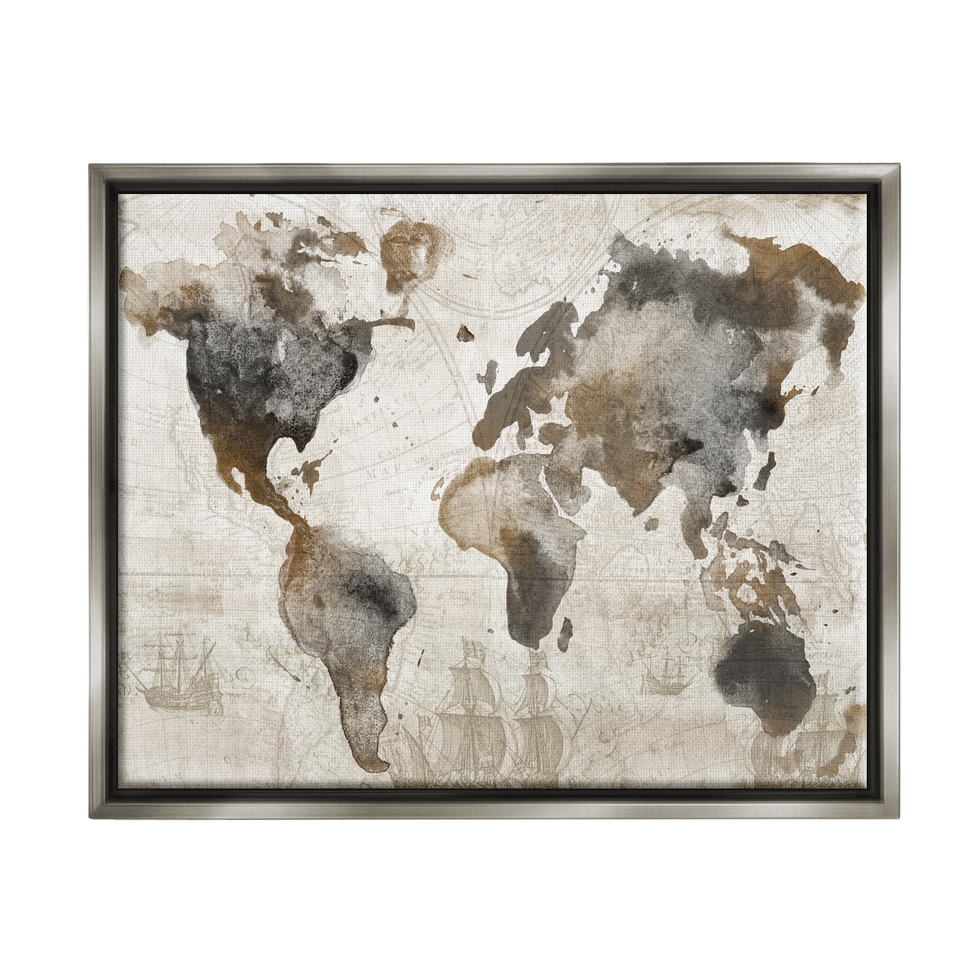 Stupell Industries Vintage Rustic World Map Town & City Painting Gray Floater Framed Art Print Wall Art