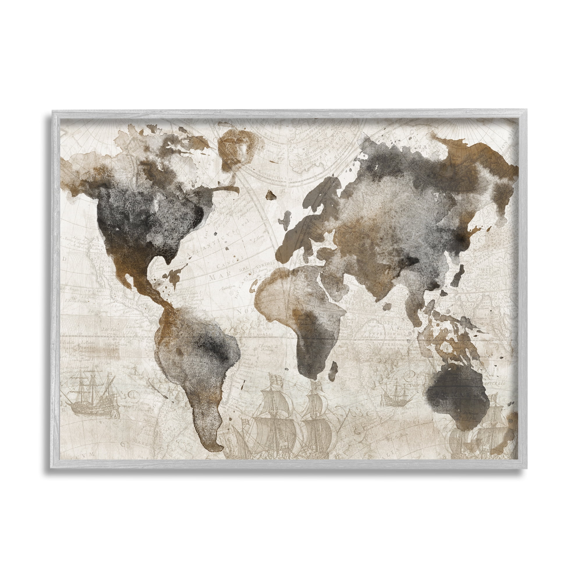 Stupell Industries Vintage Rustic World Map Town & City Painting Gray Framed Art Print Wall Art