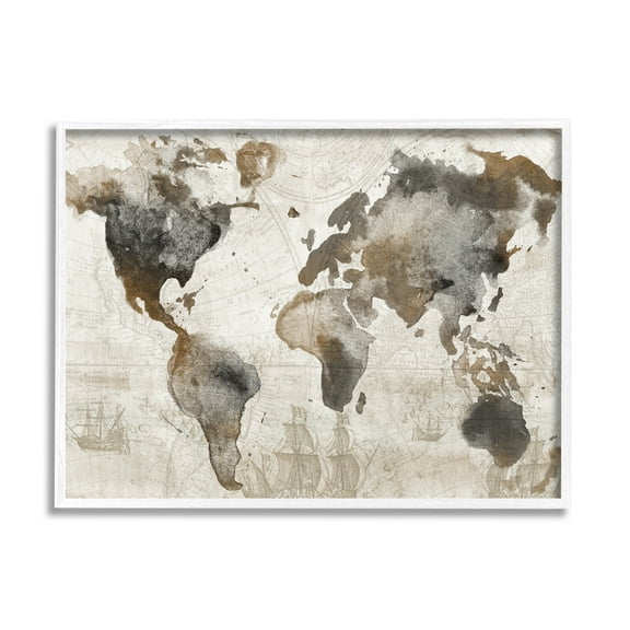 Stupell Industries Vintage Rustic World Map Town & City Painting White Framed Art Print Wall Art