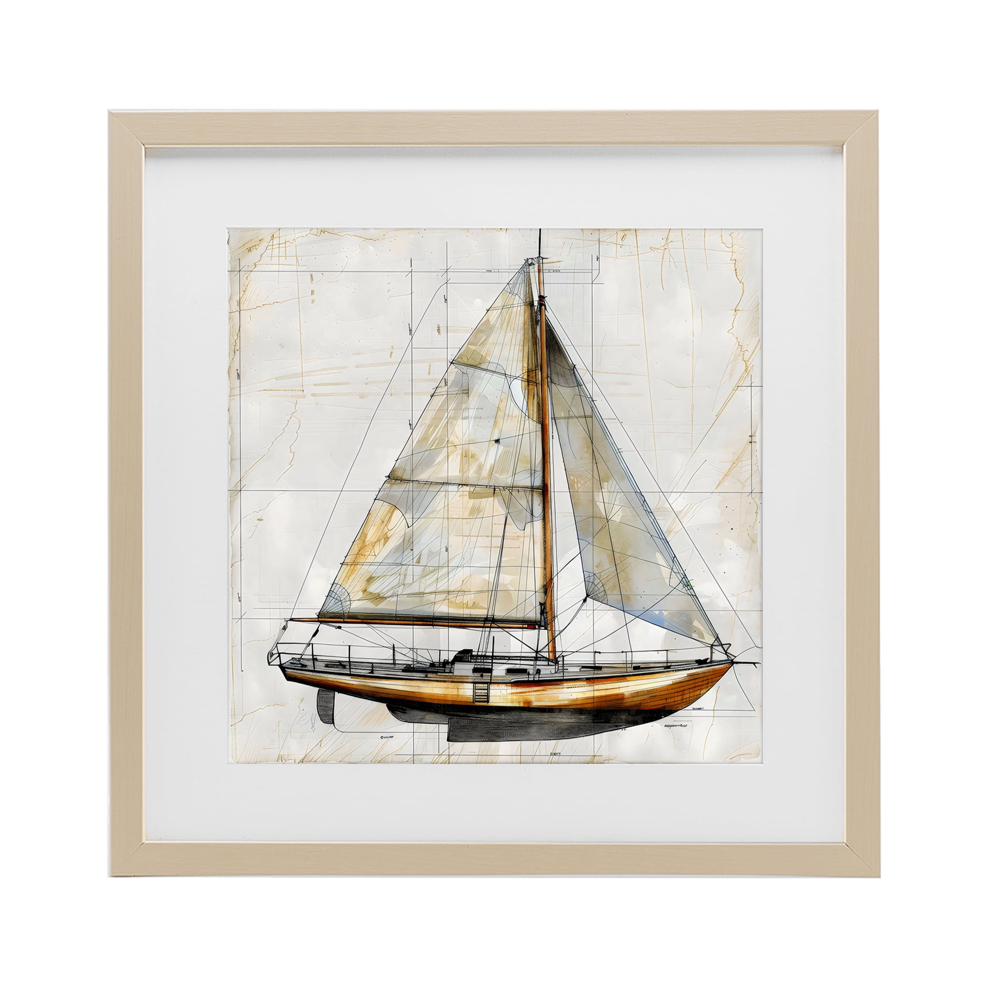 Stupell Industries Vintage Sailboat Drawing Blueprint Birch Framed Print Under Glass, design by Creative Studio