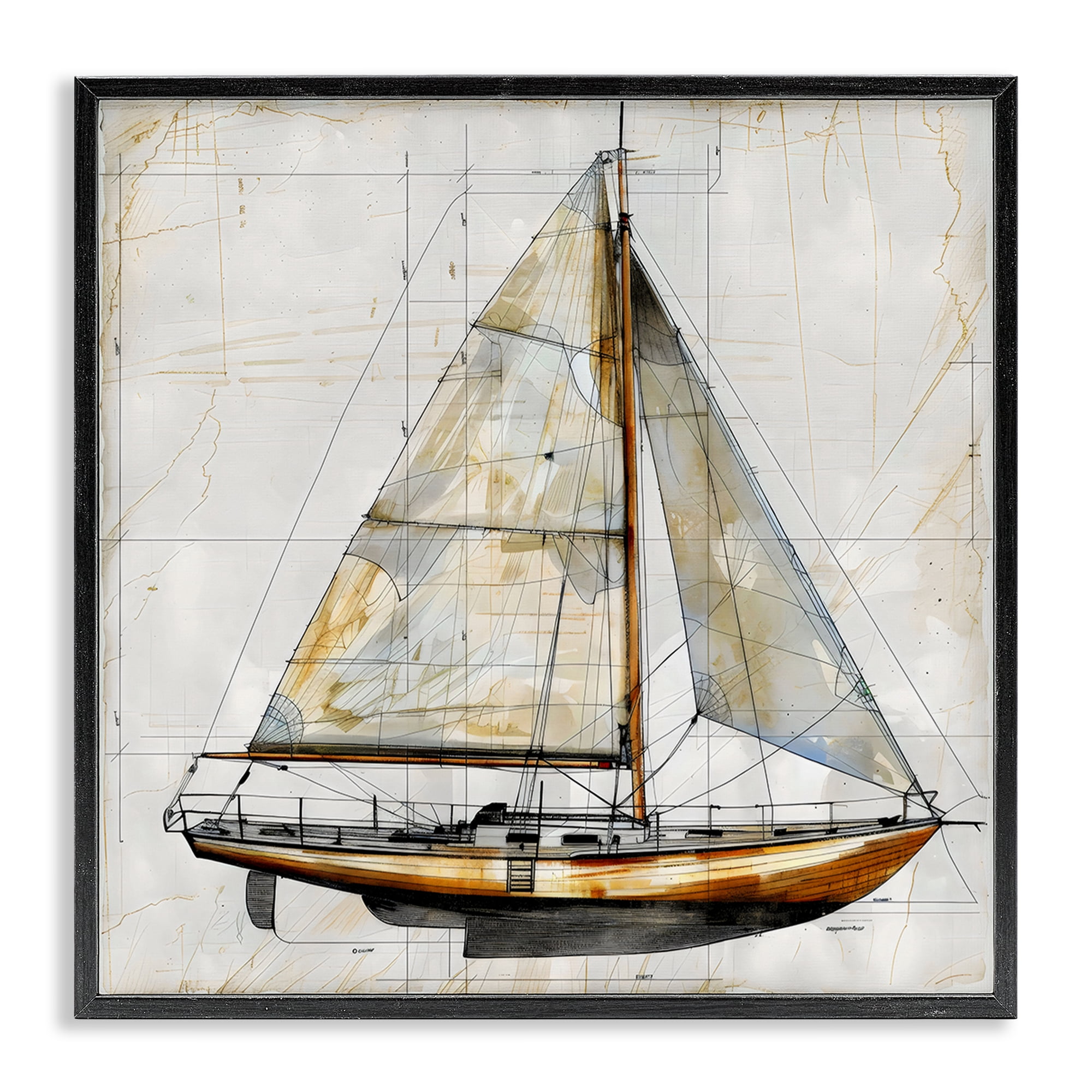 Stupell Industries Vintage Sailboat Drawing Blueprint Black Framed Giclee Art, design by Creative Studio