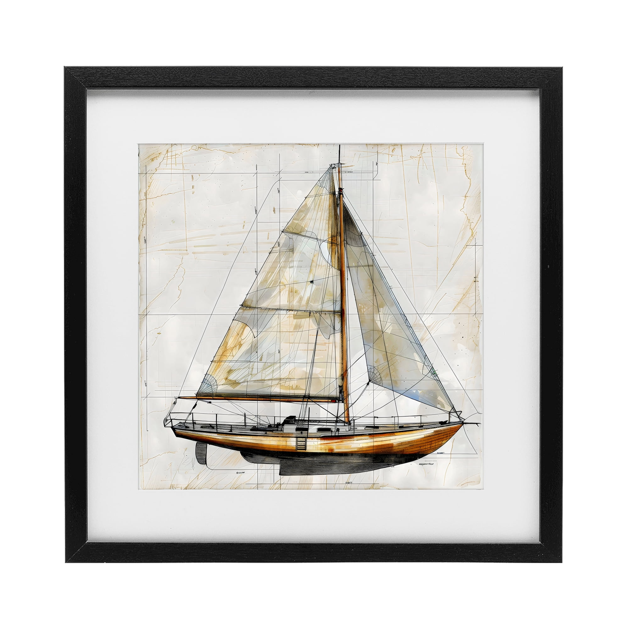 Stupell Industries Vintage Sailboat Drawing Blueprint Black Framed Print Under Glass, design by Creative Studio