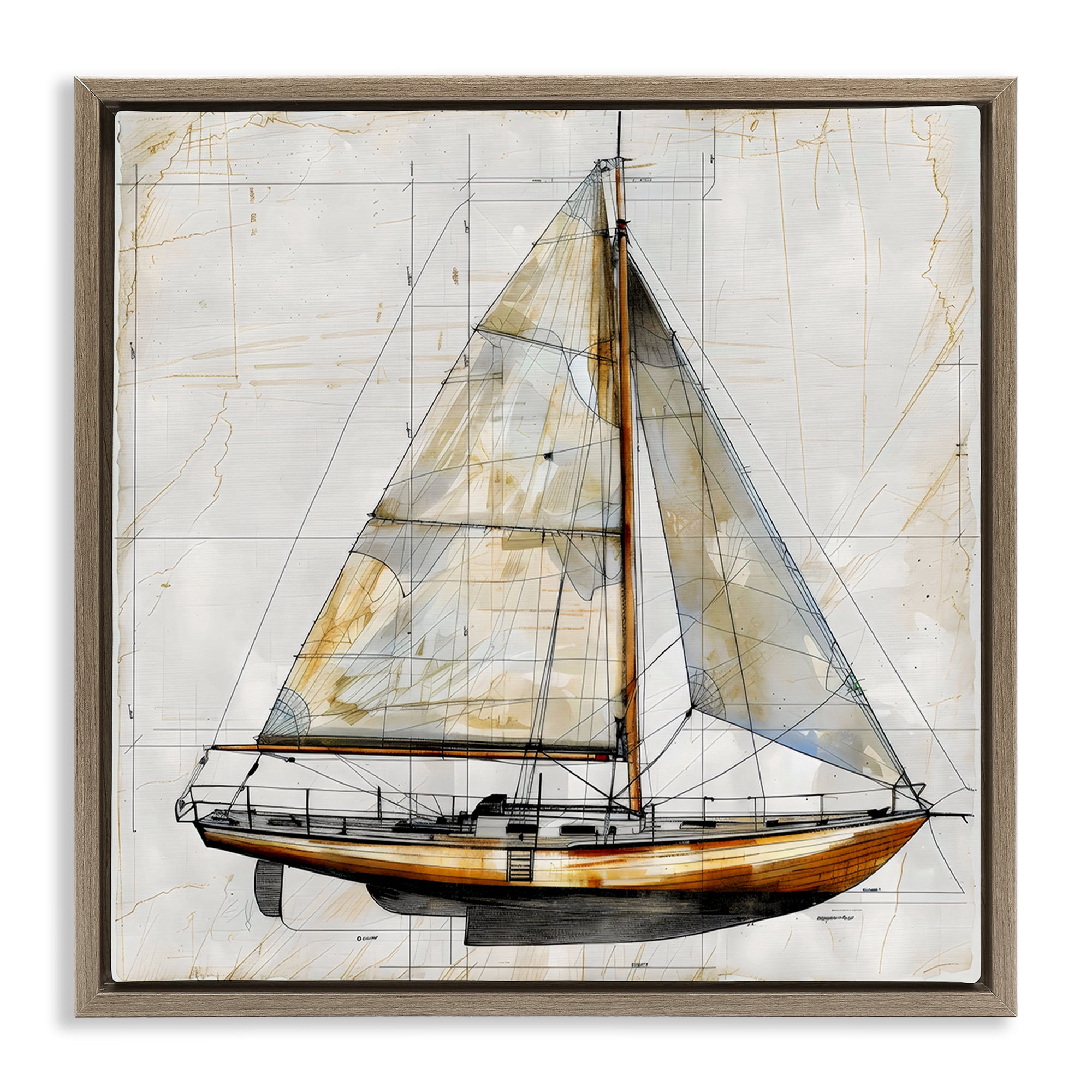 Stupell Industries Vintage Sailboat Drawing Blueprint Brown Framed Floater Canvas Wall Art, design by Creative Studio