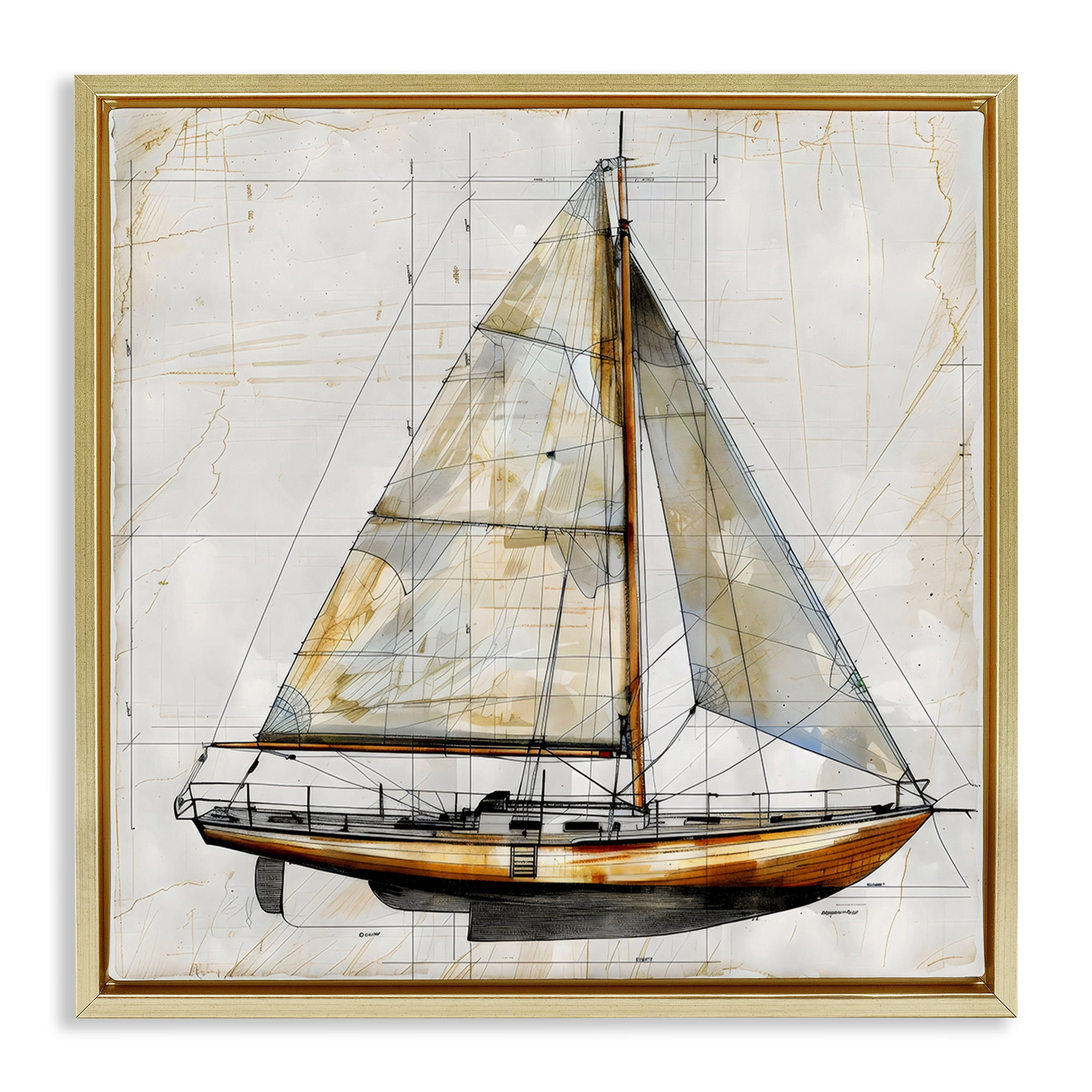 Stupell Industries Vintage Sailboat Drawing Blueprint Gold Framed Floater Canvas Wall Art, design by Creative Studio