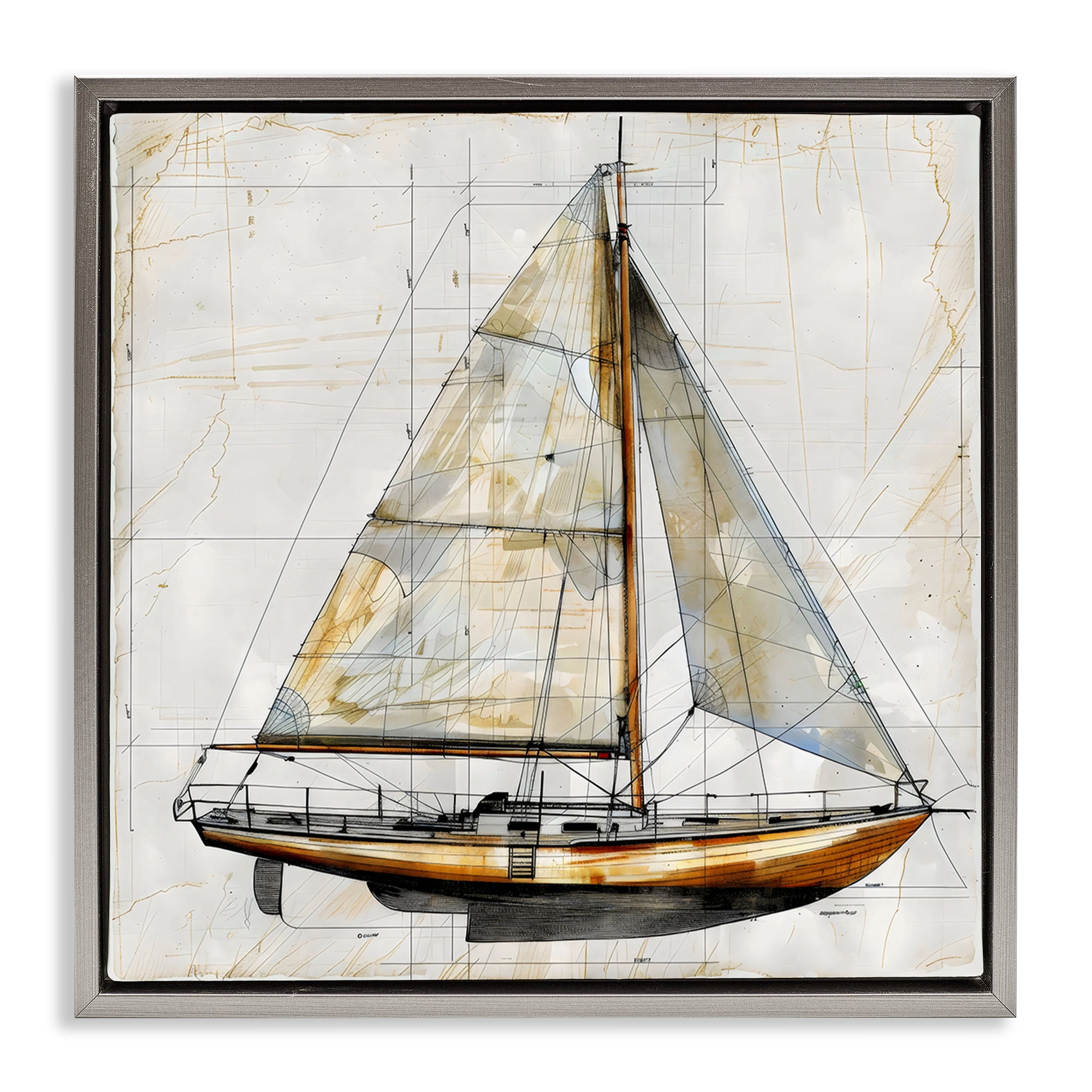 Stupell Industries Vintage Sailboat Drawing Blueprint Gray Framed Floater Canvas Wall Art, design by Creative Studio