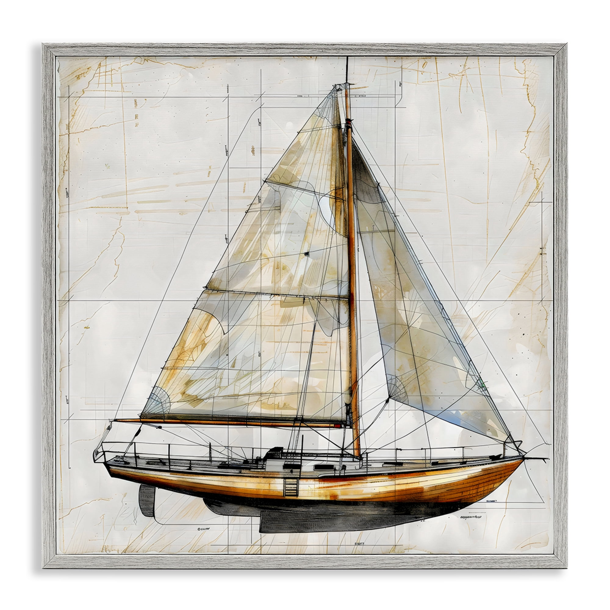 Stupell Industries Vintage Sailboat Drawing Blueprint Gray Framed Giclee Art, design by Creative Studio