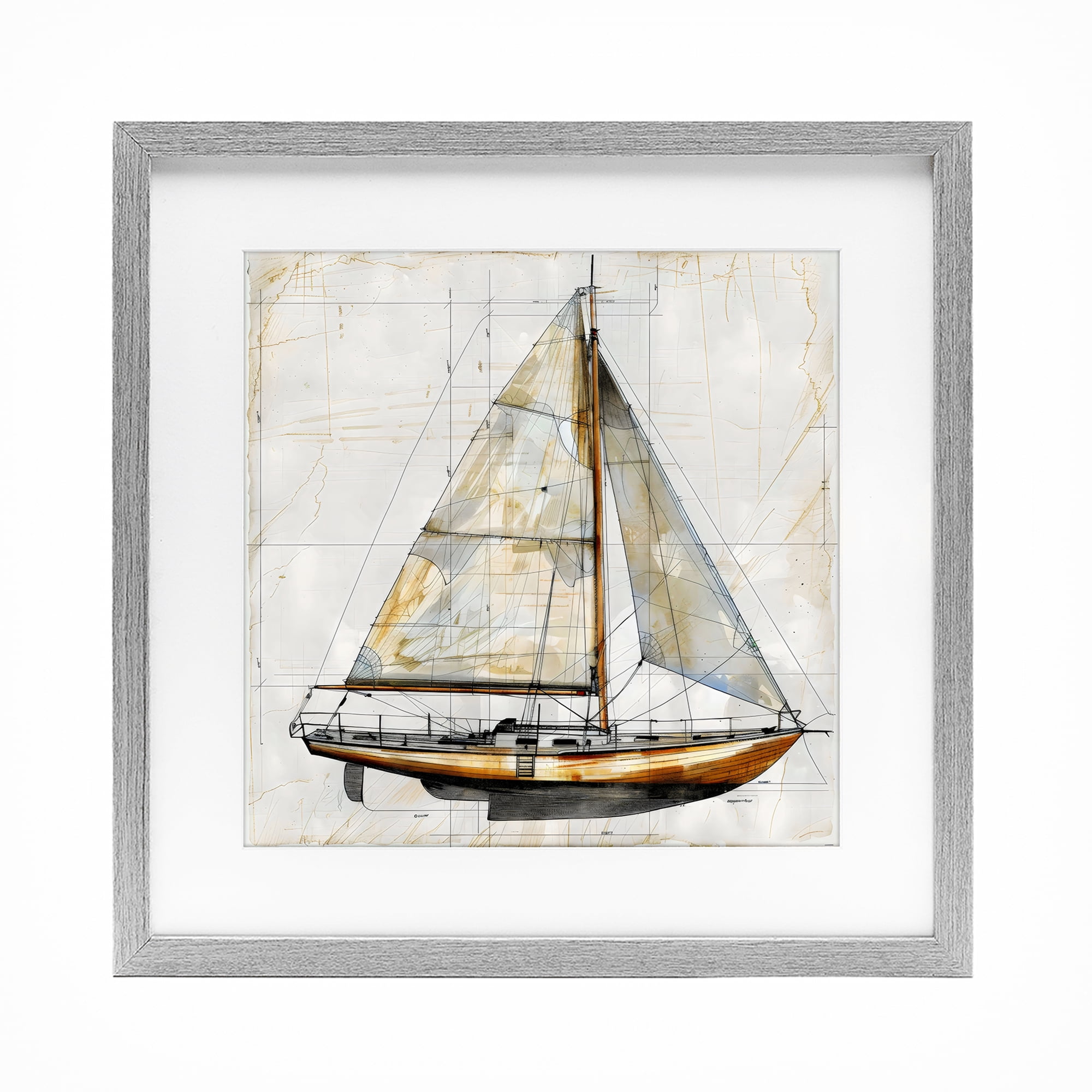 Stupell Industries Vintage Sailboat Drawing Blueprint Gray Framed Print Under Glass, design by Creative Studio