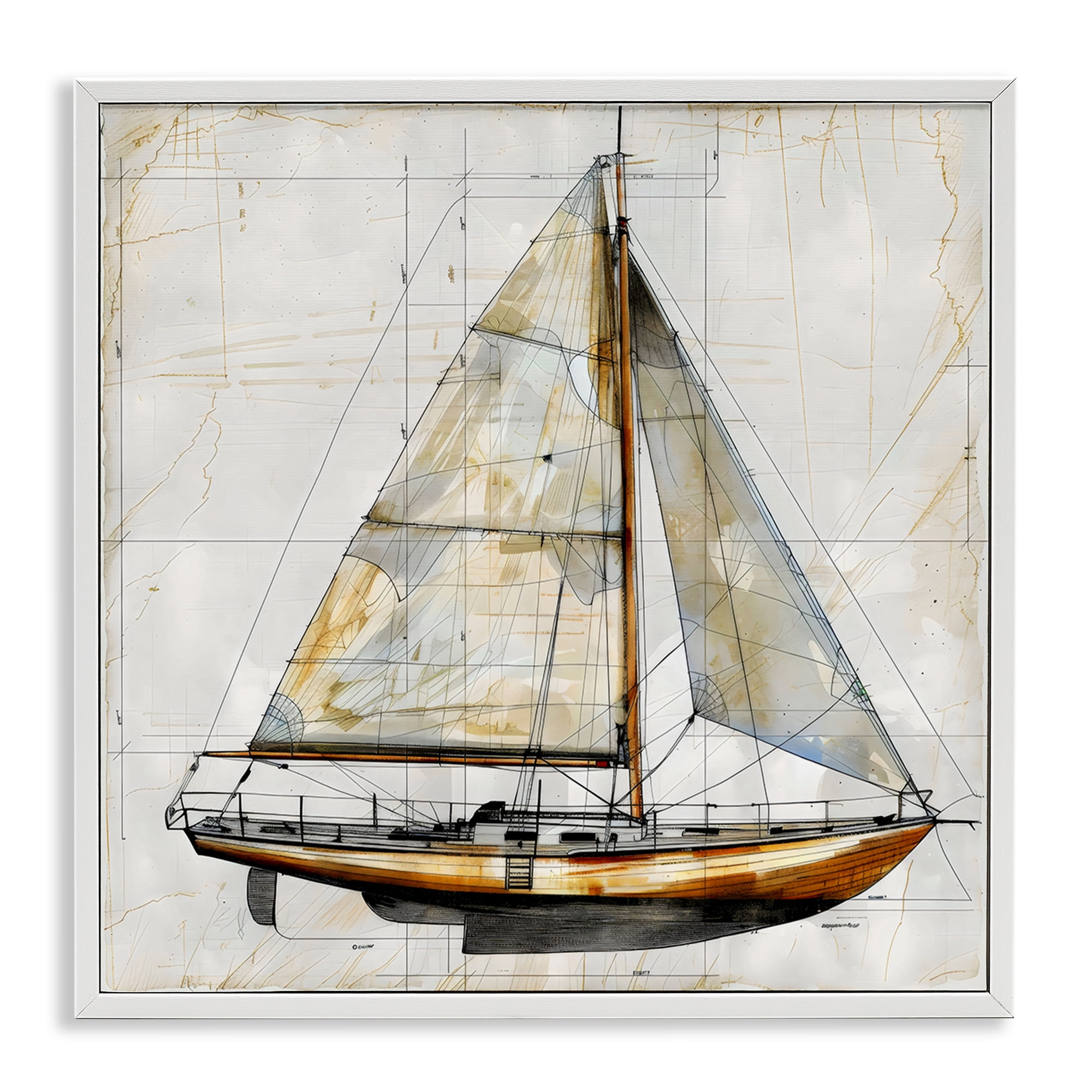 Stupell Industries Vintage Sailboat Drawing Blueprint White Framed Giclee Art, design by Creative Studio