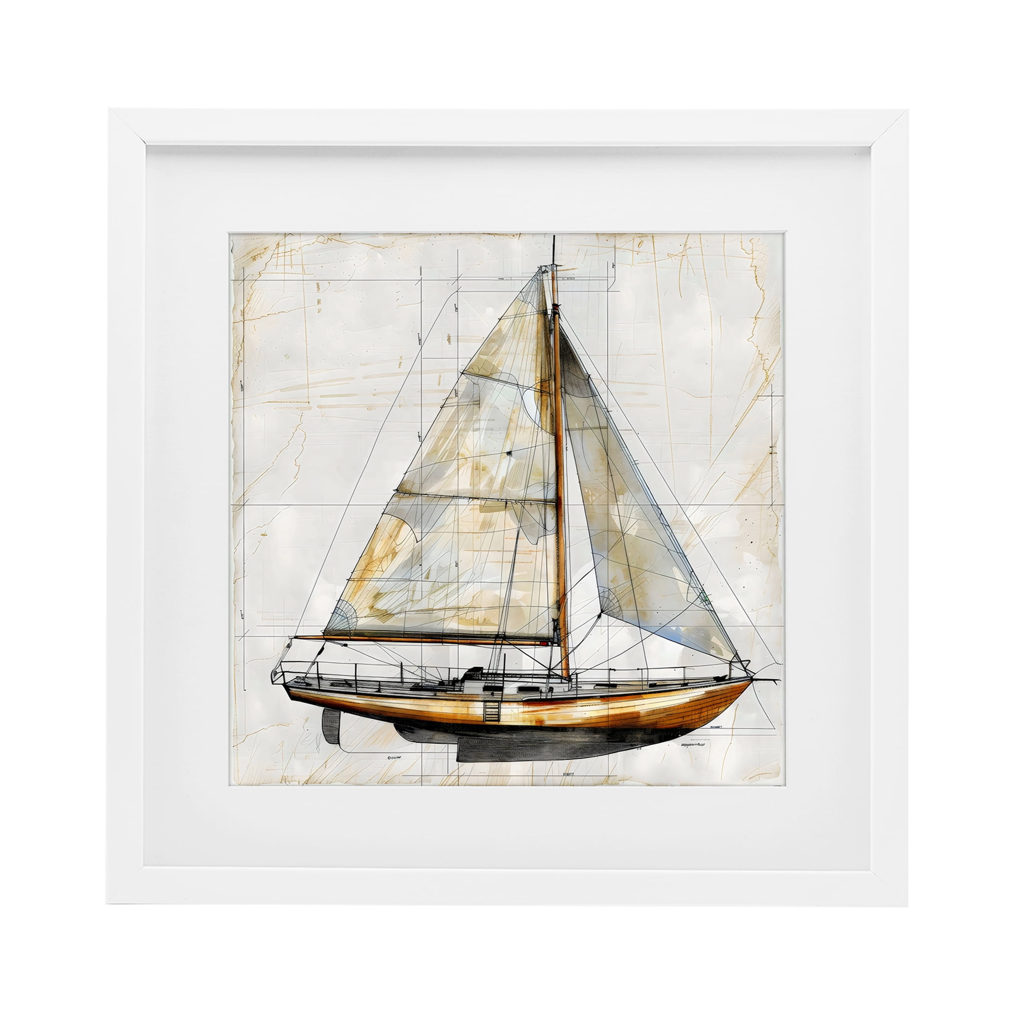 Stupell Industries Vintage Sailboat Drawing Blueprint White Framed Print Under Glass, design by Creative Studio