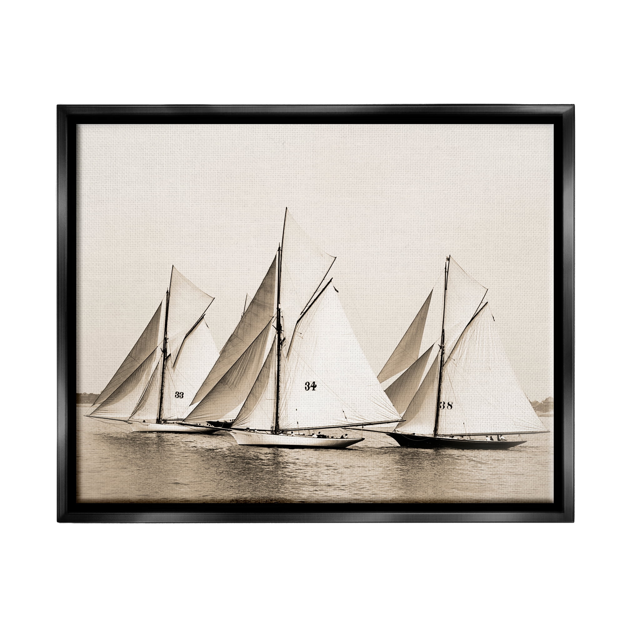 Stupell Industries Vintage Sailboat Fleet Transportation Photography Black Floater Framed Canvas Art Print Wall Art, 21 x 17