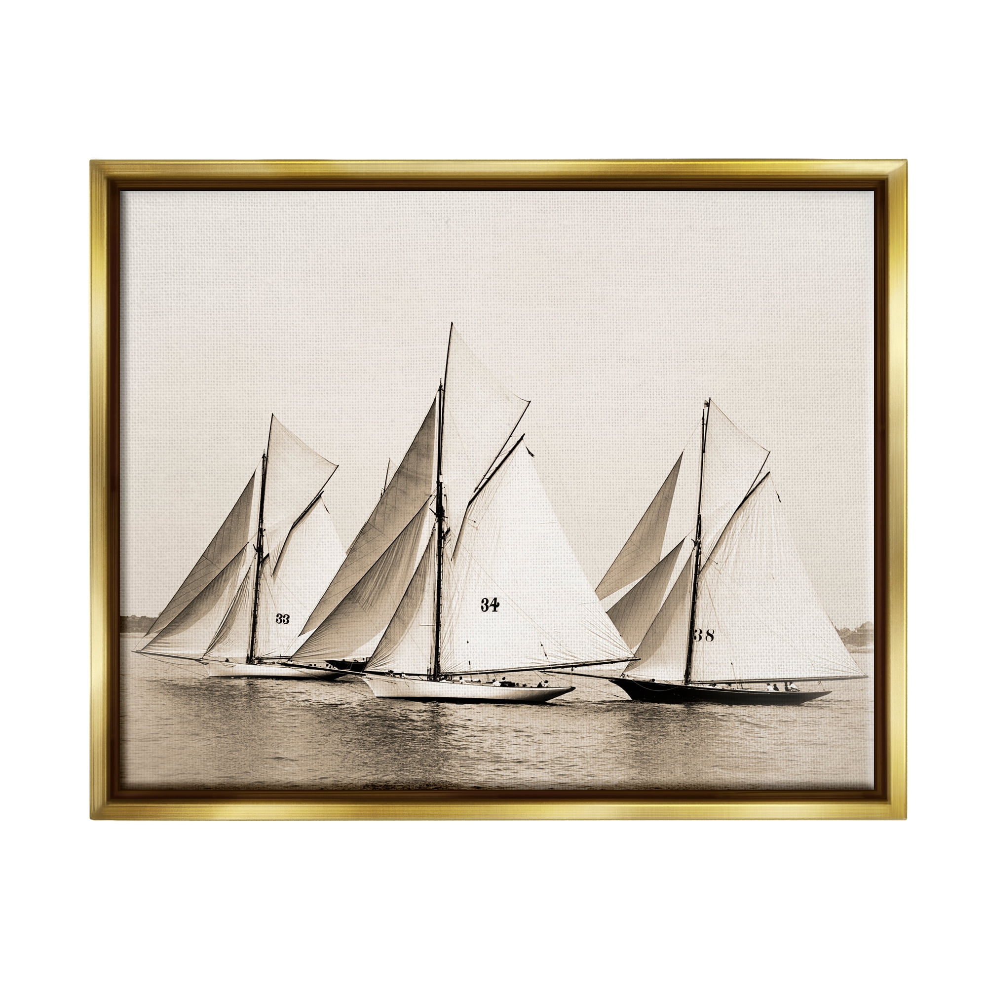 Stupell Industries Vintage Sailboat Fleet Transportation Photography Gold Floater Framed Canvas Art Print Wall Art, 21 x 17