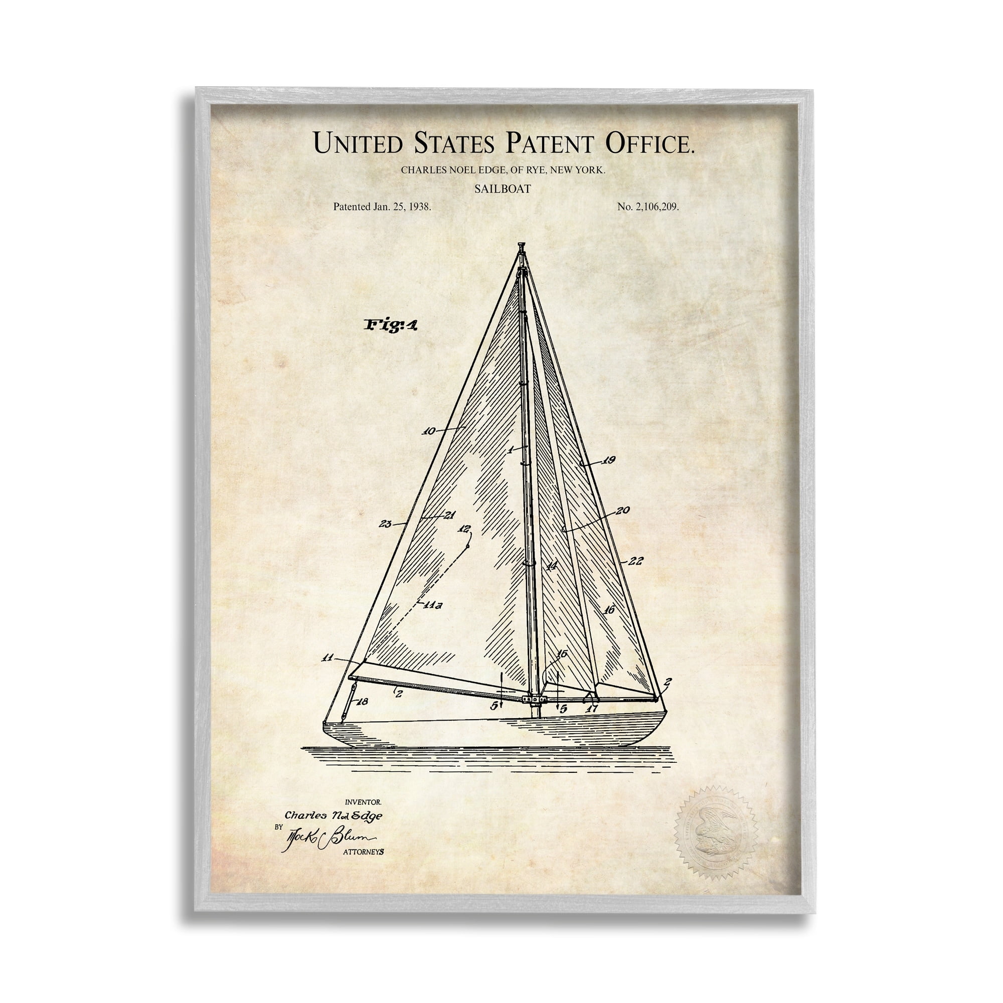 Stupell Industries Vintage Sailboat Watercraft Diagram Patent Text Blueprint Framed Wall Art, 11 x 14, Design by Karl Hronek