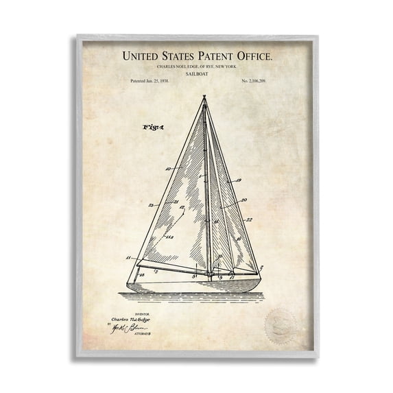 Stupell Industries Vintage Sailboat Watercraft Diagram Patent Text Blueprint Framed Wall Art, 11 x 14, Design by Karl Hronek