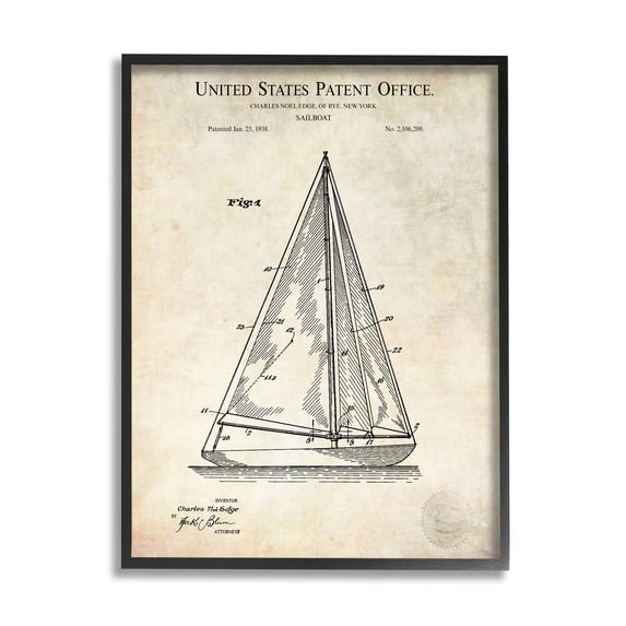 Stupell Industries Vintage Sailboat Watercraft Diagram Patent Text Blueprint Framed Wall Art, 16 x 20, Design by Karl Hronek