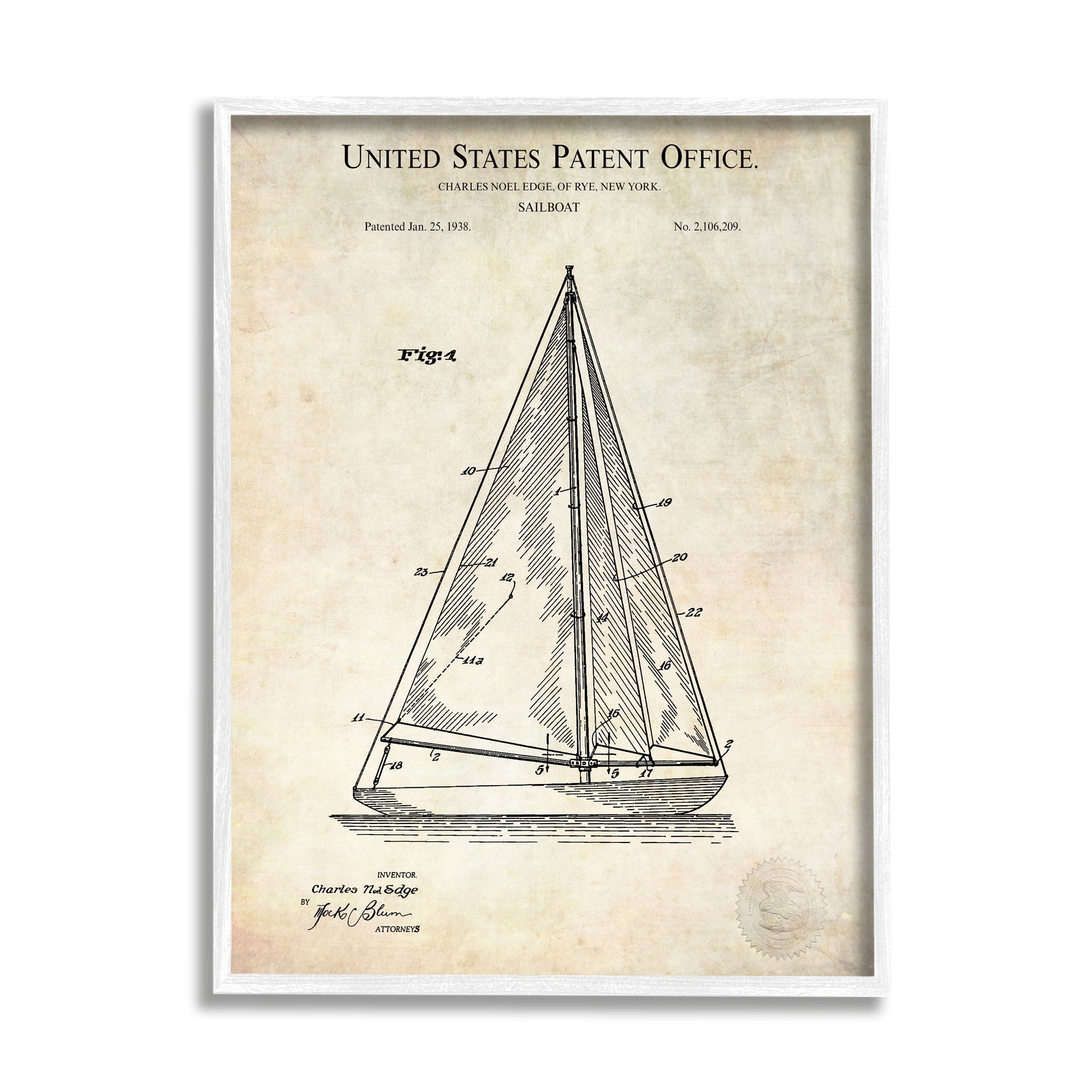 Stupell Industries Vintage Sailboat Watercraft Diagram Patent Text Blueprint Framed Wall Art, 24 x 30, Design by Karl Hronek