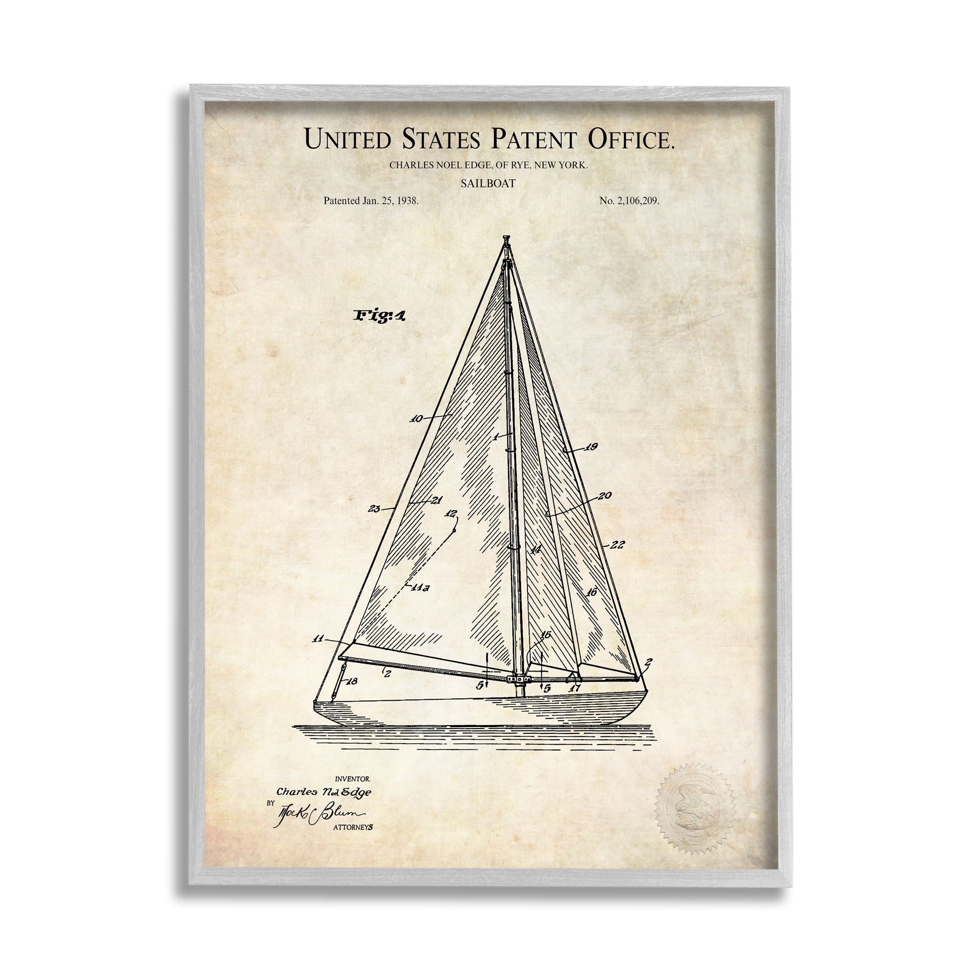 Stupell Industries Vintage Sailboat Watercraft Diagram Patent Text Blueprint Framed Wall Art, 24 x 30, Design by Karl Hronek