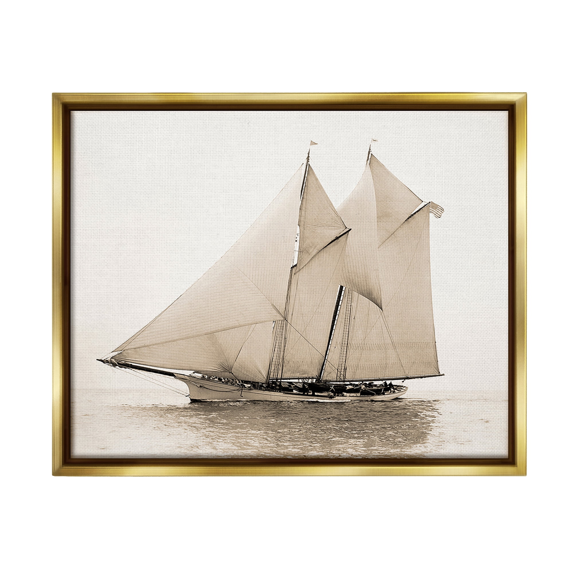 Stupell Industries Vintage Sailing Yacht Transportation Photography Gold Floater Framed Canvas Art Print Wall Art, 21 x 17
