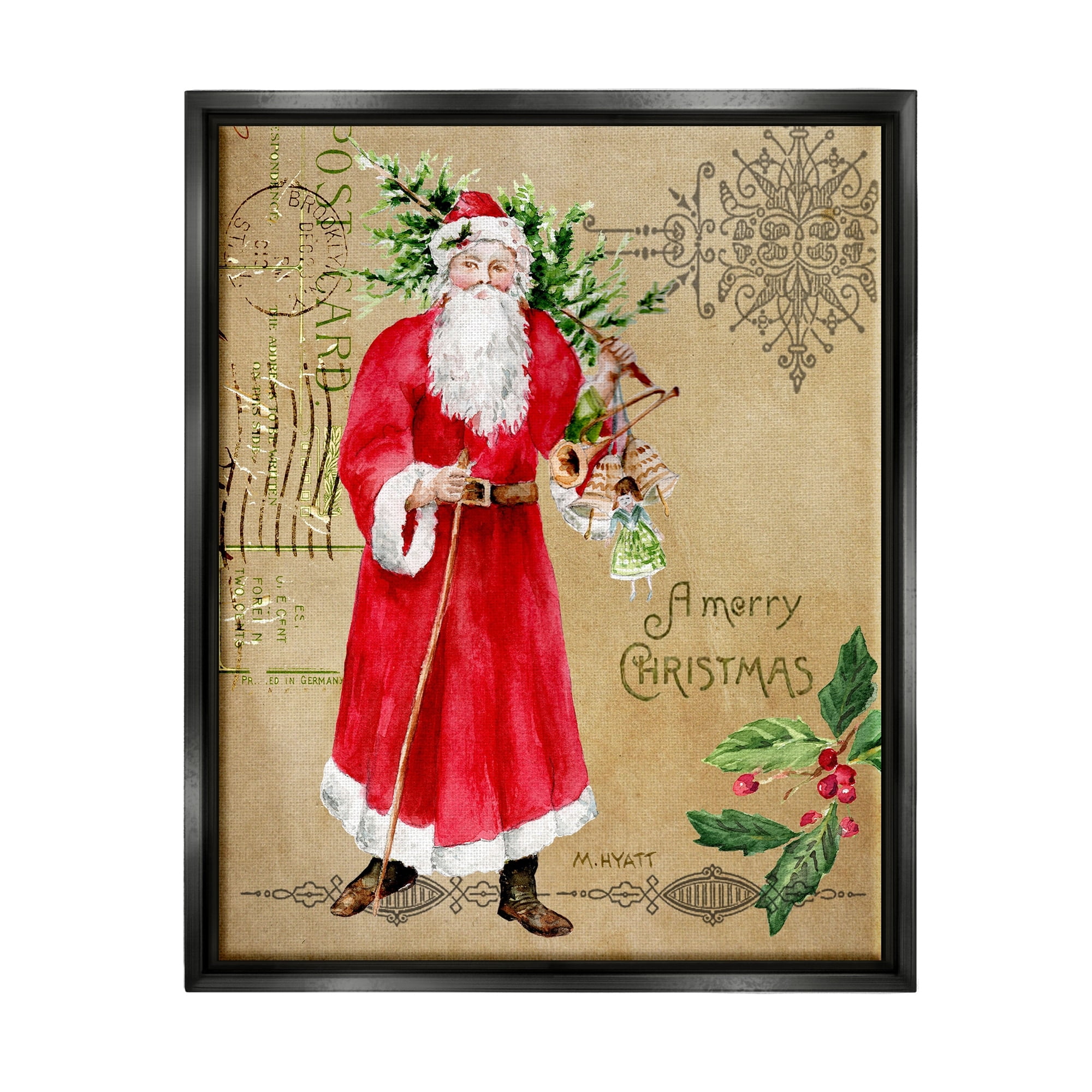 Stupell Industries Vintage Santa Claus Vintage Christmas Postal Design Jet Black Framed Floating Canvas Wall Art, 24x30, by Melissa Hyatt LLC