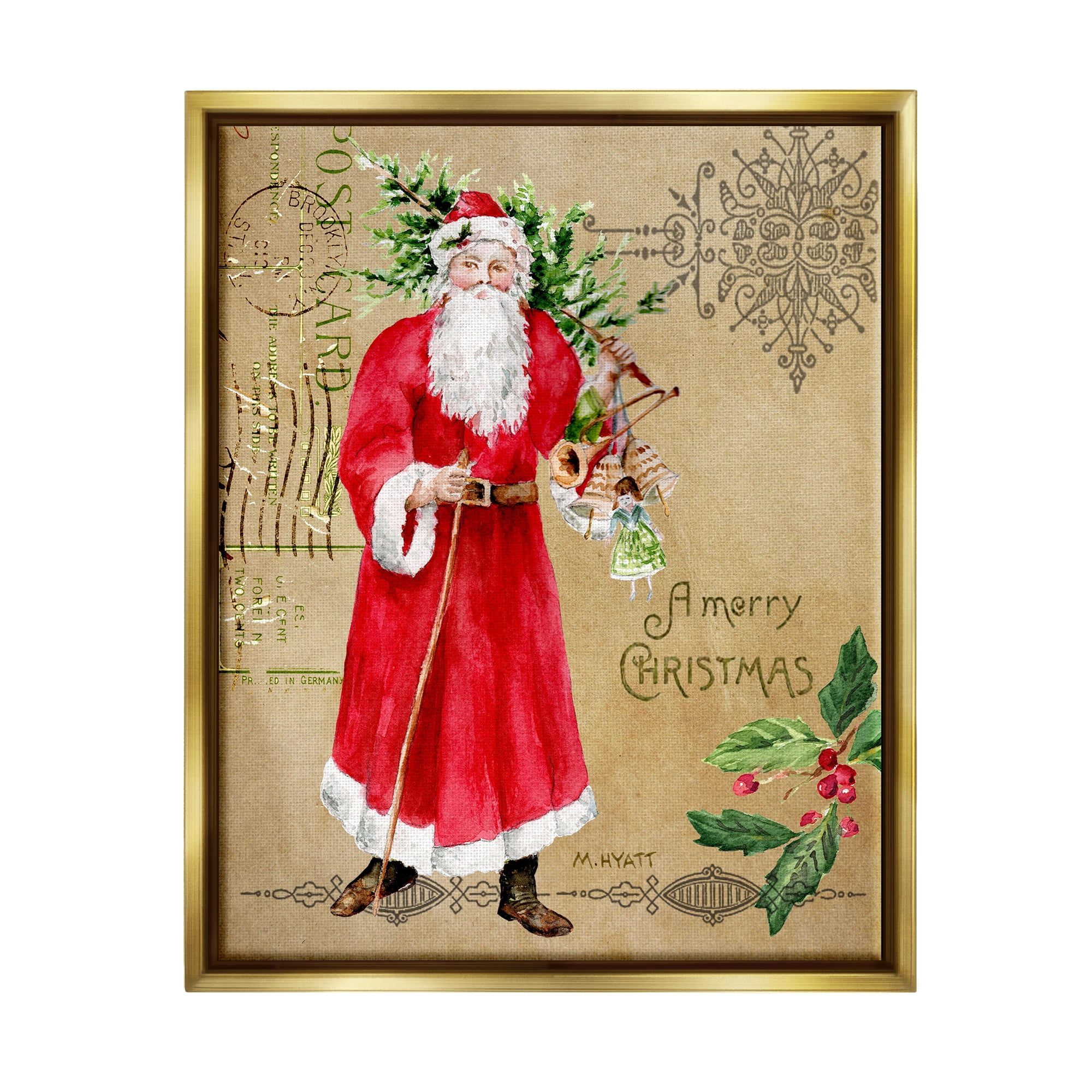 Stupell Industries Vintage Santa Claus Vintage Christmas Postal Design Metallic Gold Framed Floating Canvas Wall Art, 16x20, by Melissa Hyatt LLC