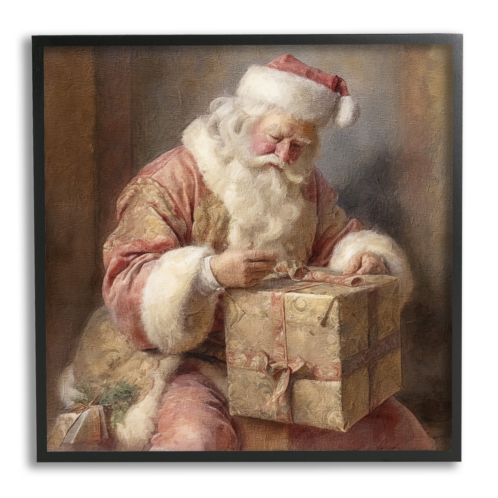 Stupell Industries Vintage Santa Wrapping Gift Holiday Painting Black Framed Art Print Wall Art, 24 x 24