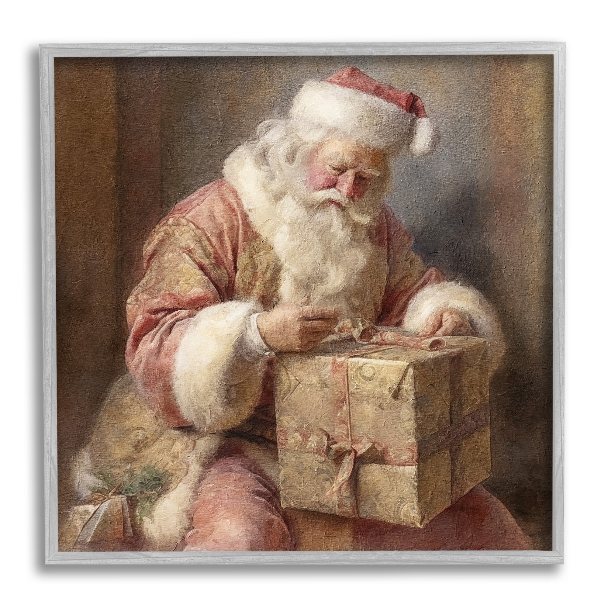Stupell Industries Vintage Santa Wrapping Gift Holiday Painting Gray Framed Art Print Wall Art, 12 x 12