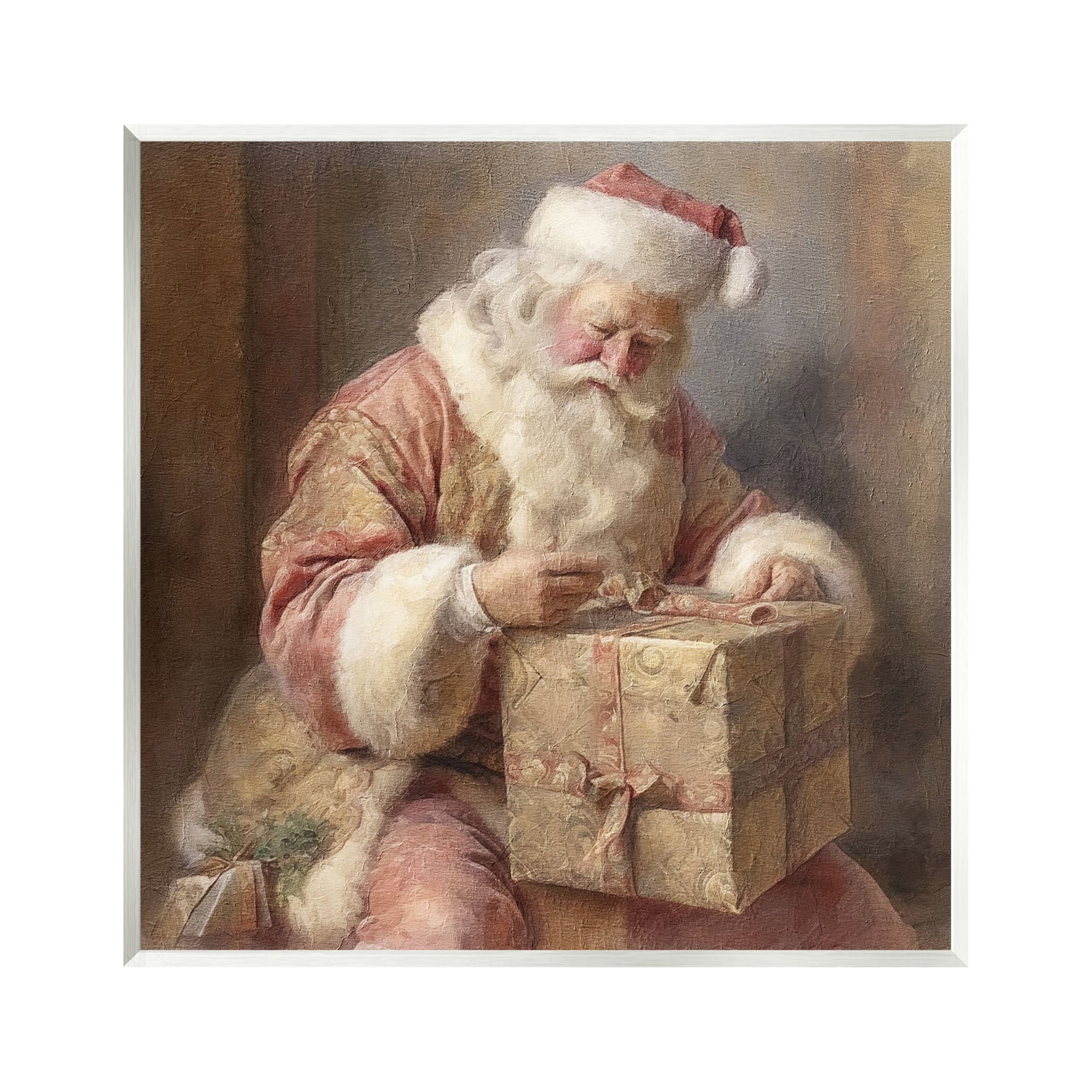 Stupell Industries Vintage Santa Wrapping Gift Holiday Painting Unframed Art Print Wall Art, 12 x 12