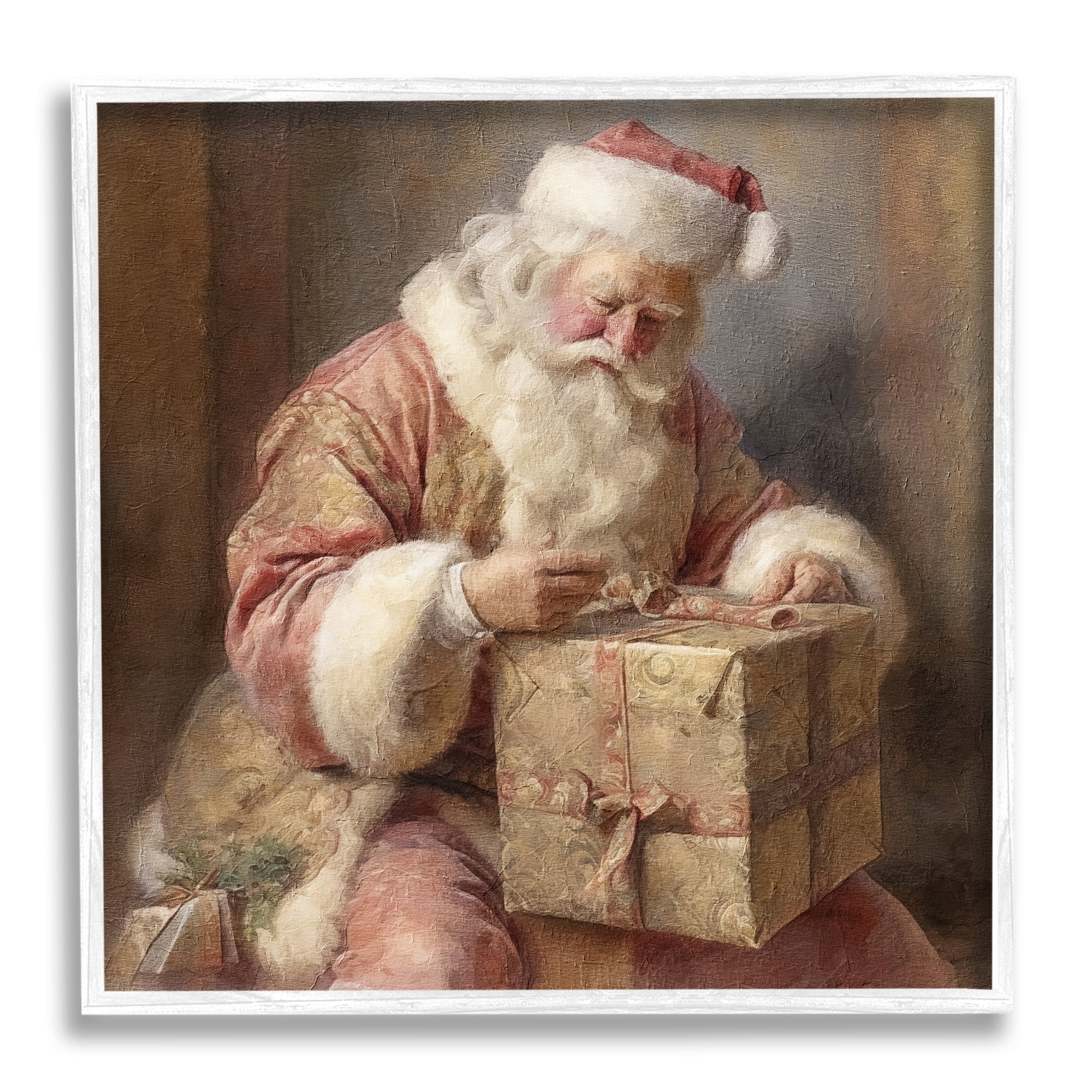 Stupell Industries Vintage Santa Wrapping Gift Holiday Painting White Framed Art Print Wall Art, 17 x 17