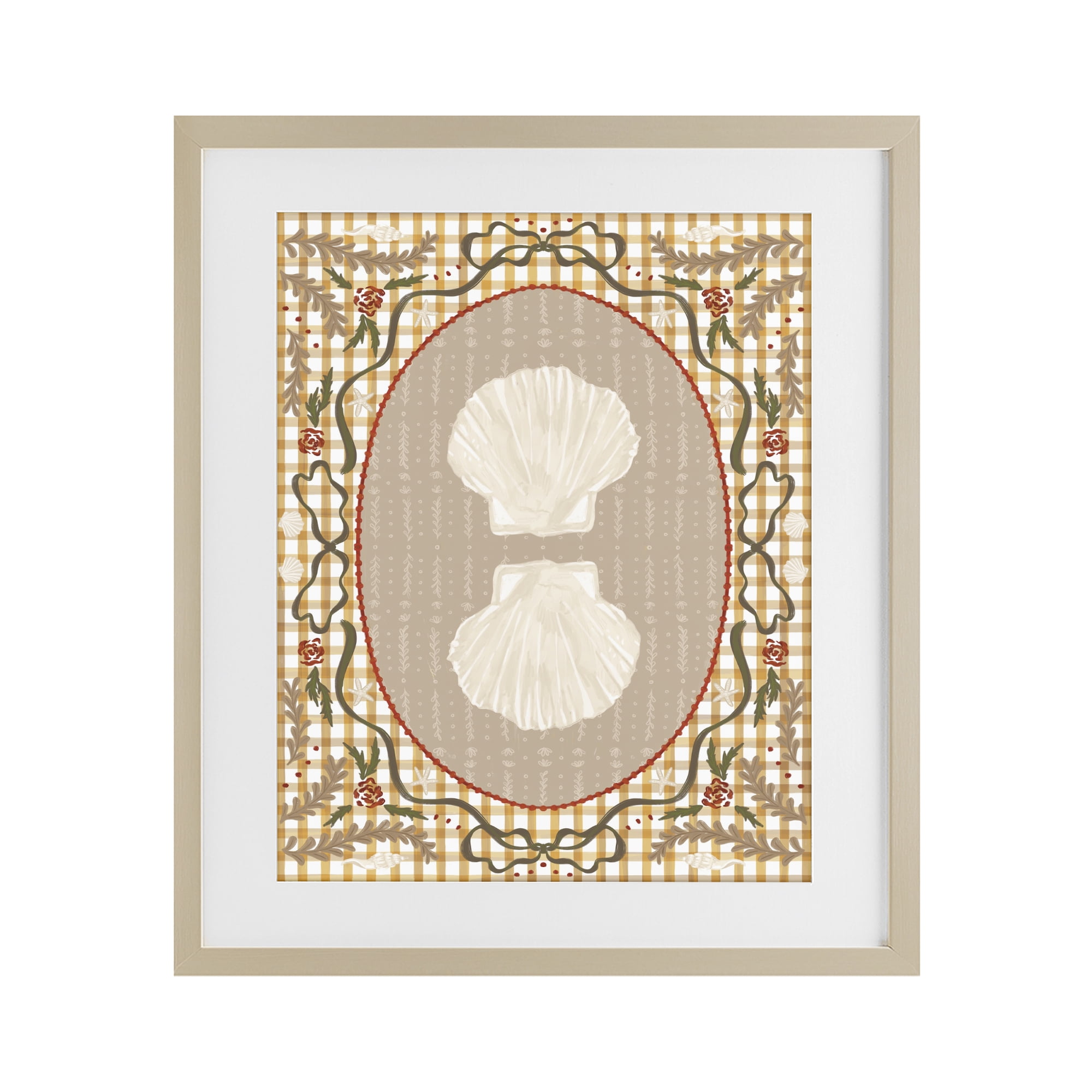 Stupell Industries Vintage Shells on Gingham Birch Framed Print Under Glass, design by Vero Illustrates