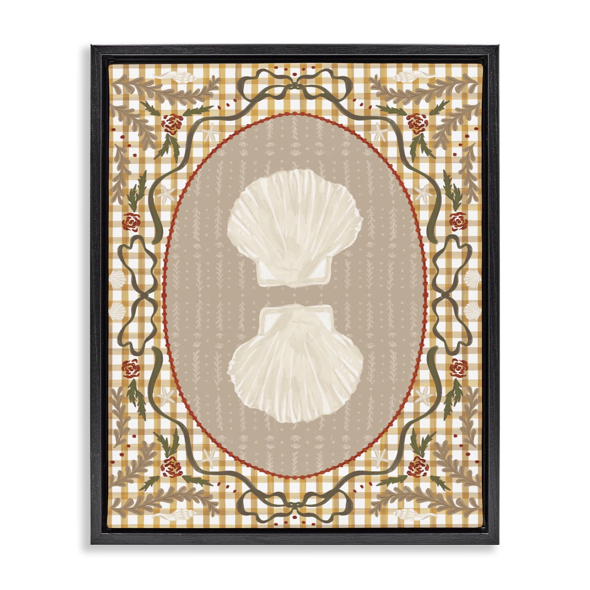 Stupell Industries Vintage Shells on Gingham Black Framed Floater Canvas Wall Art, design by Vero Illustrates