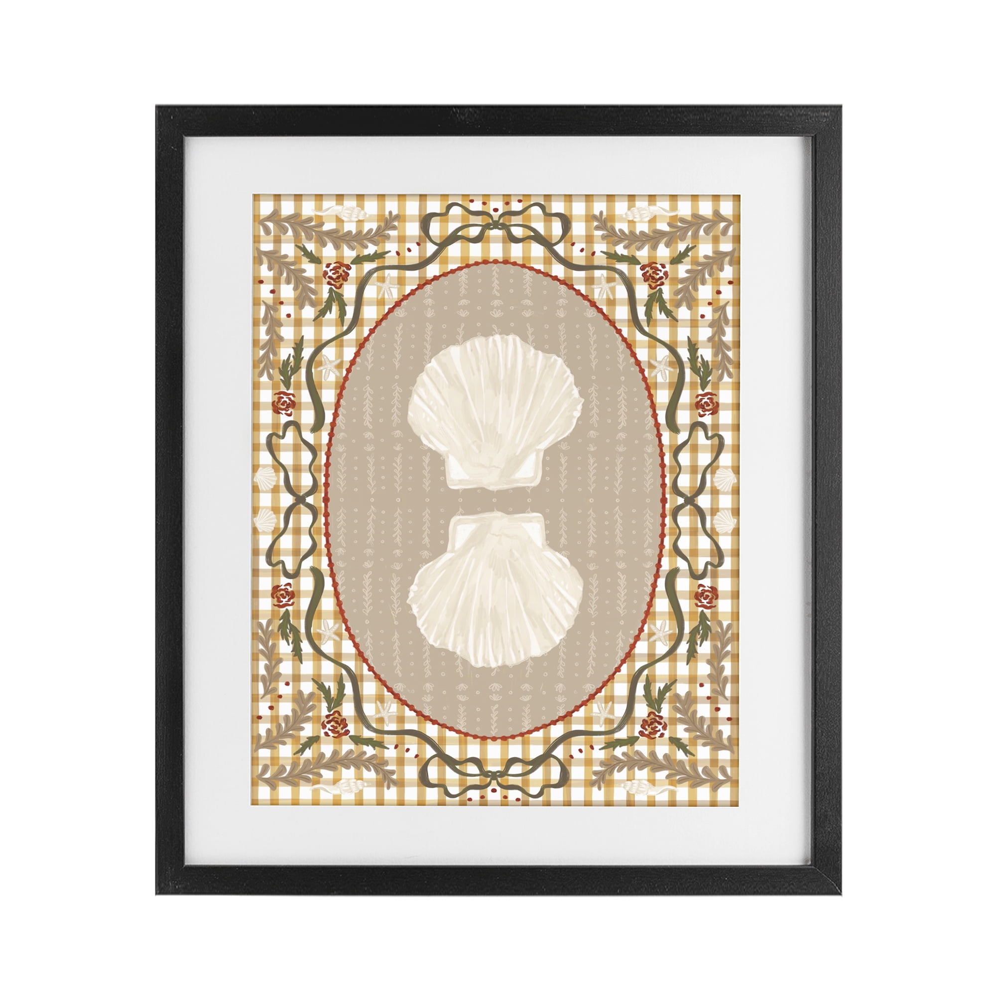 Stupell Industries Vintage Shells on Gingham Black Framed Print Under Glass, design by Vero Illustrates