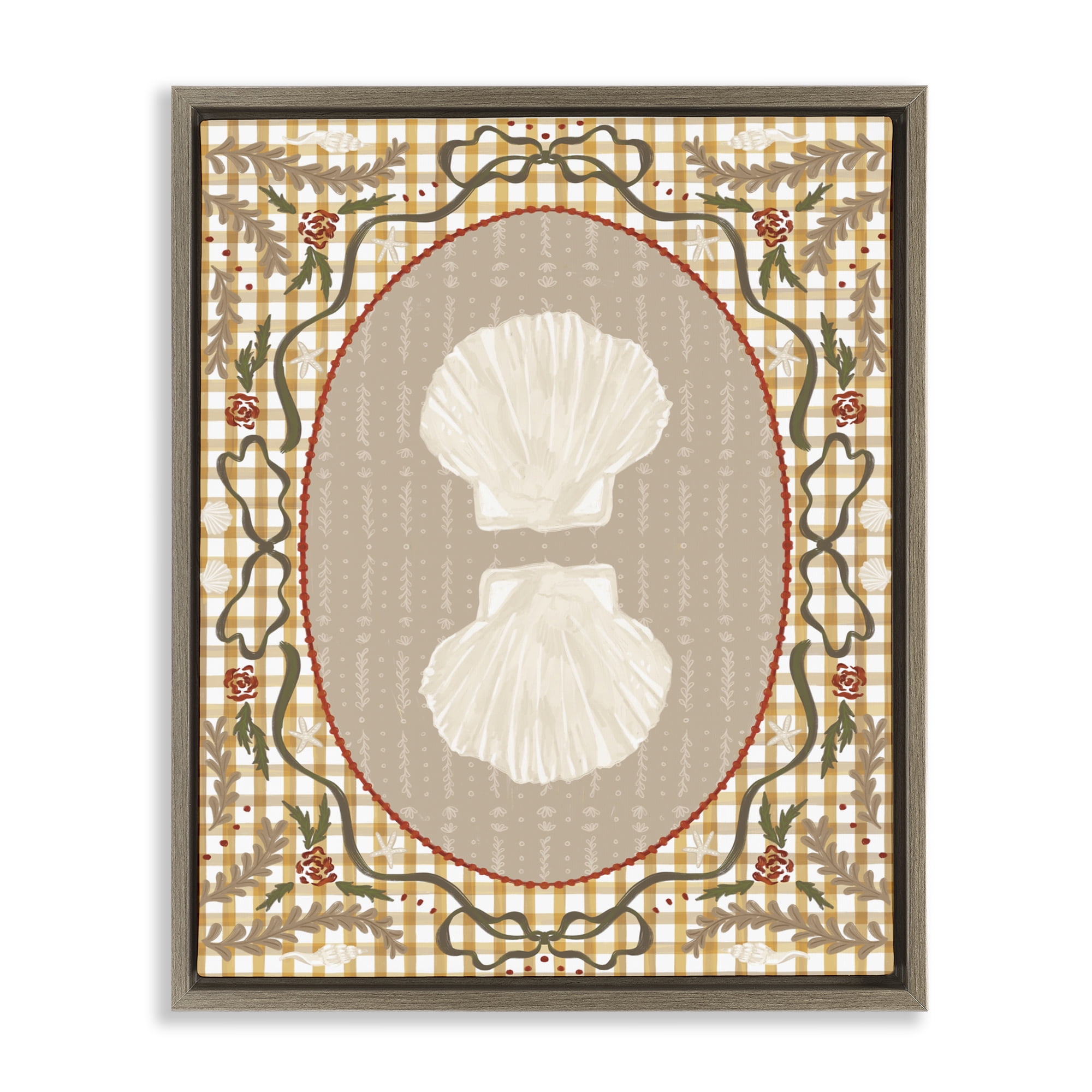 Stupell Industries Vintage Shells on Gingham Brown Framed Floater Canvas Wall Art, design by Vero Illustrates