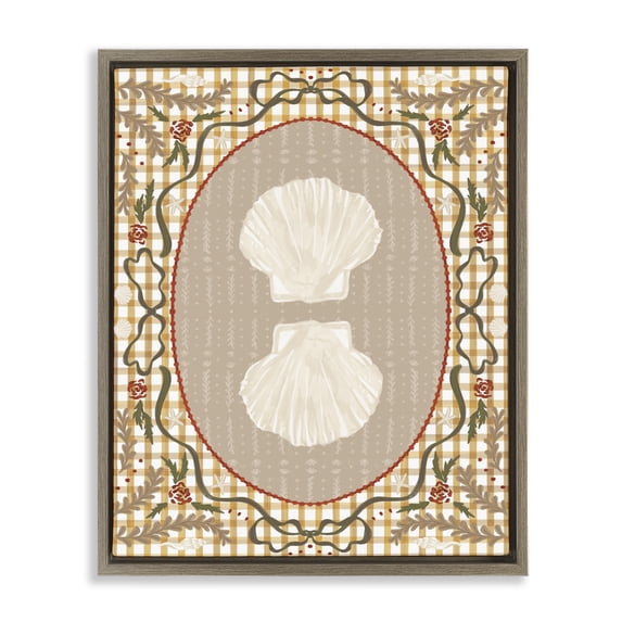 Stupell Industries Farmhouse Vintage Shells on Gingham Brown Floating Frame Canvas Art, 25 x 31, by Vero Illustrates