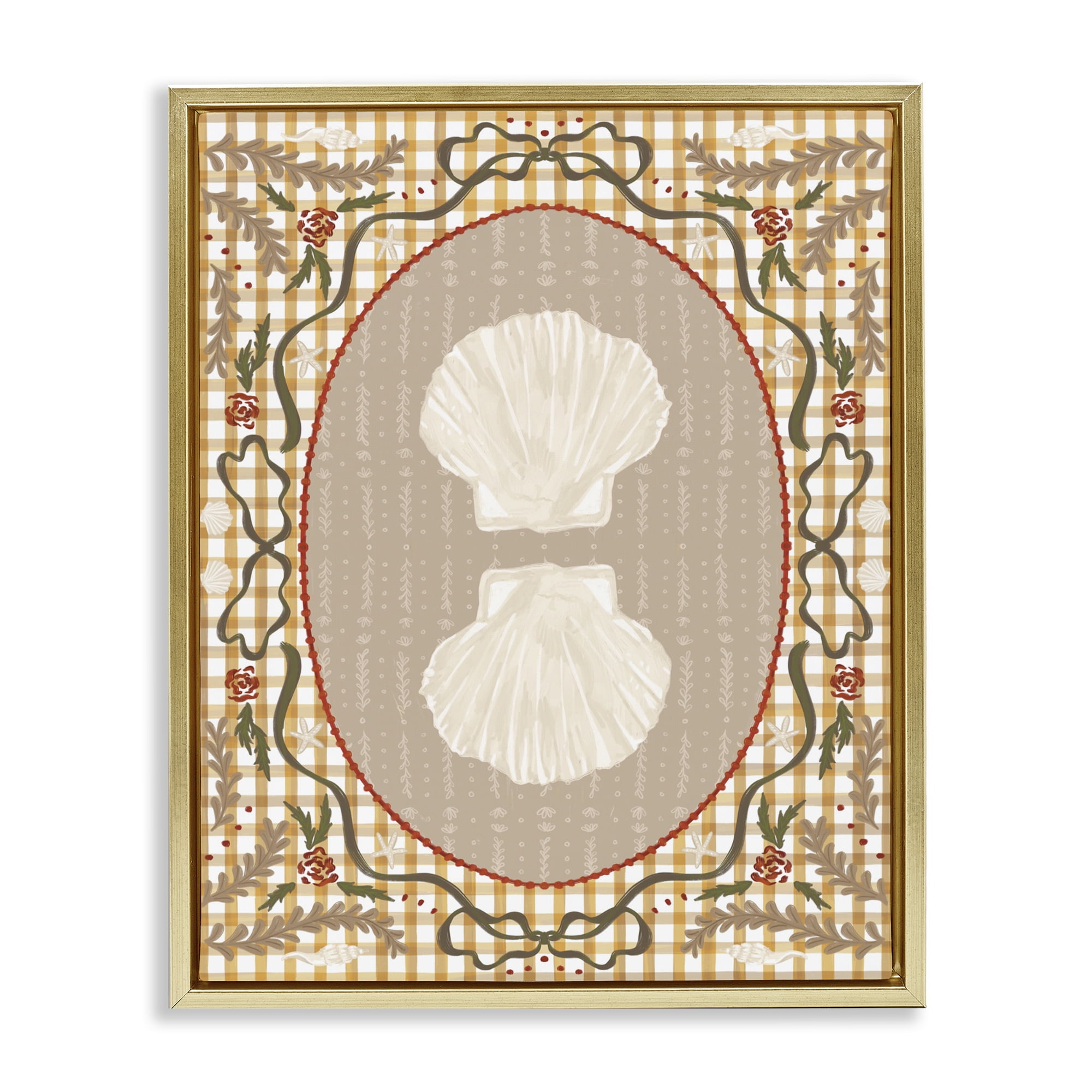Stupell Industries Vintage Shells on Gingham Gold Framed Floater Canvas Wall Art, design by Vero Illustrates
