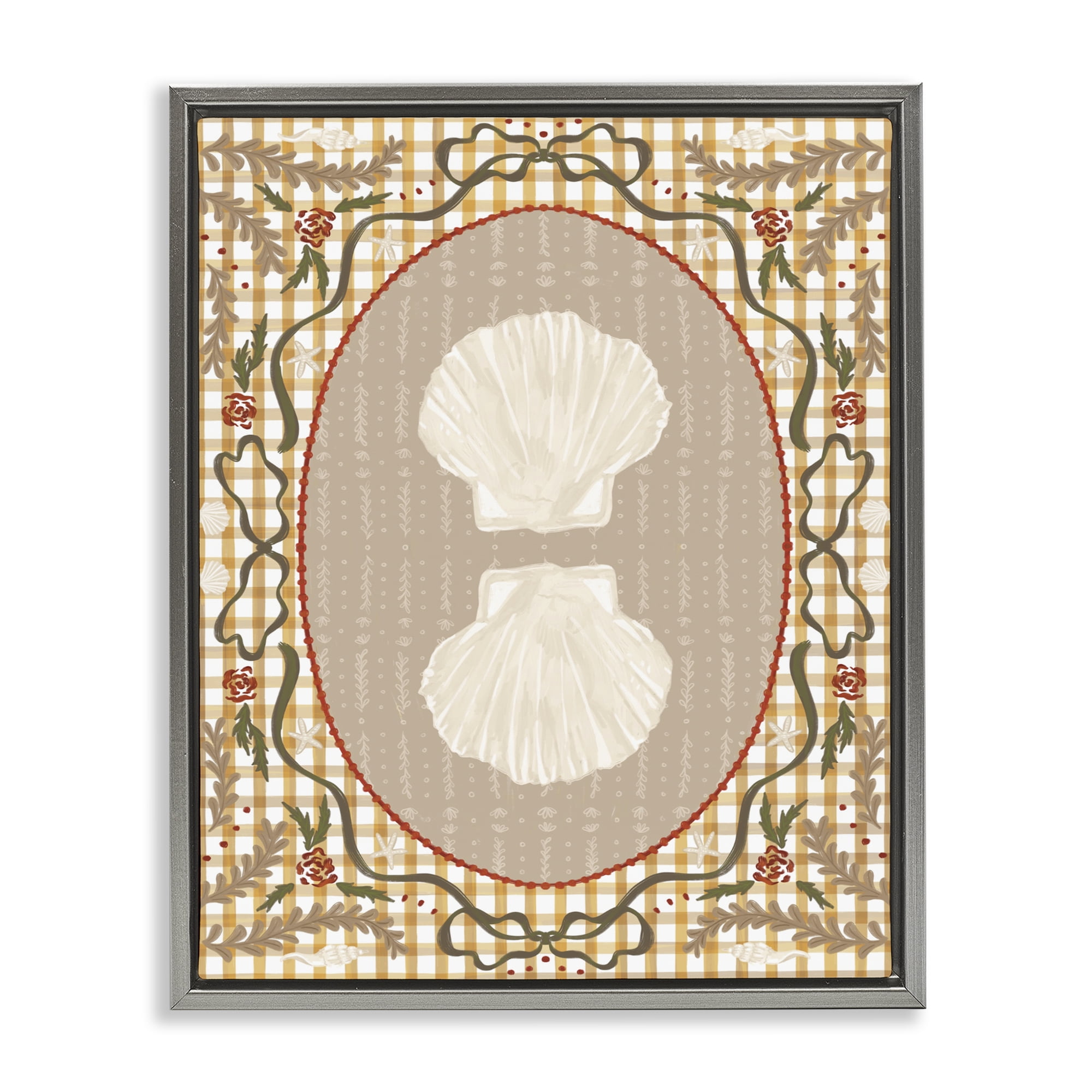 Stupell Industries Vintage Shells on Gingham Gray Framed Floater Canvas Wall Art, design by Vero Illustrates