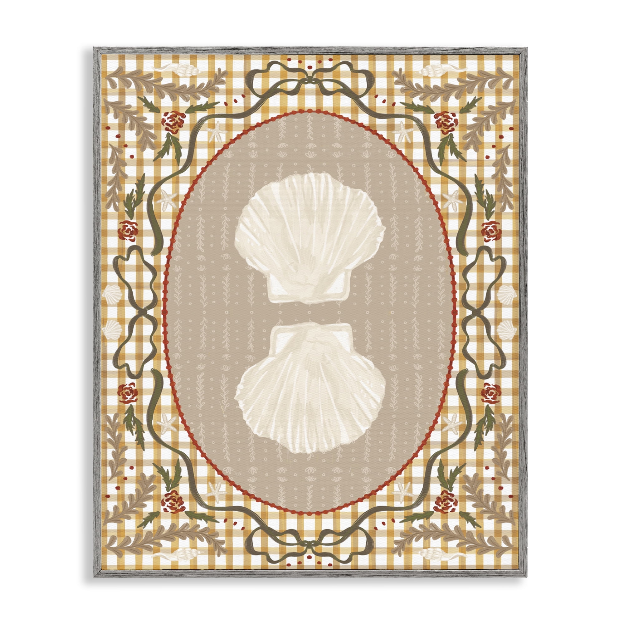 Stupell Industries Vintage Shells on Gingham Gray Framed Giclee Art, design by Vero Illustrates