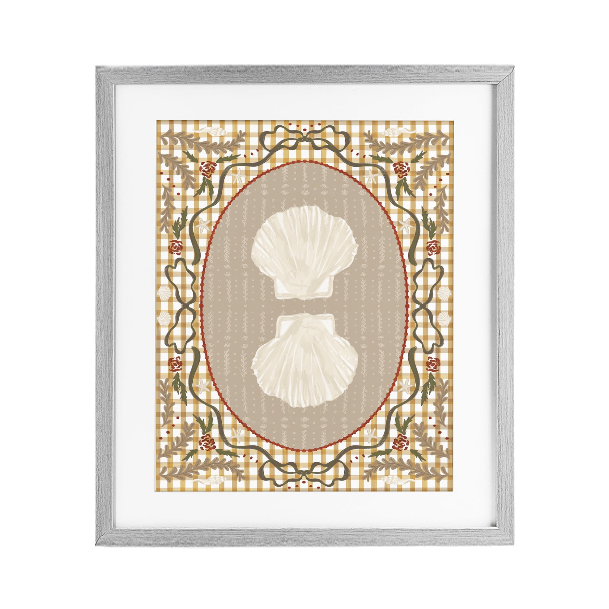 Stupell Industries Vintage Shells on Gingham Gray Framed Print Under Glass, design by Vero Illustrates