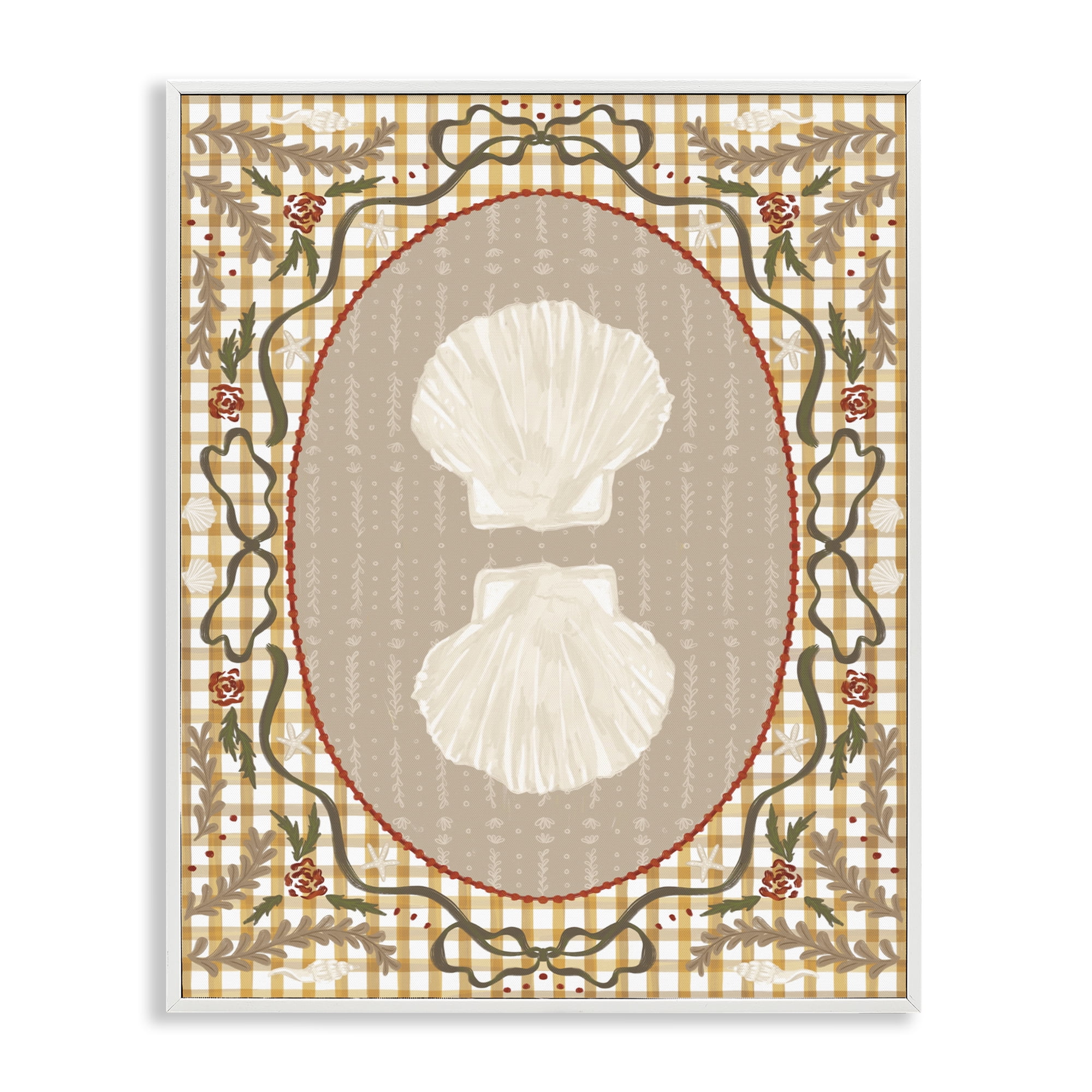 Stupell Industries Vintage Shells on Gingham White Framed Giclee Art, design by Vero Illustrates