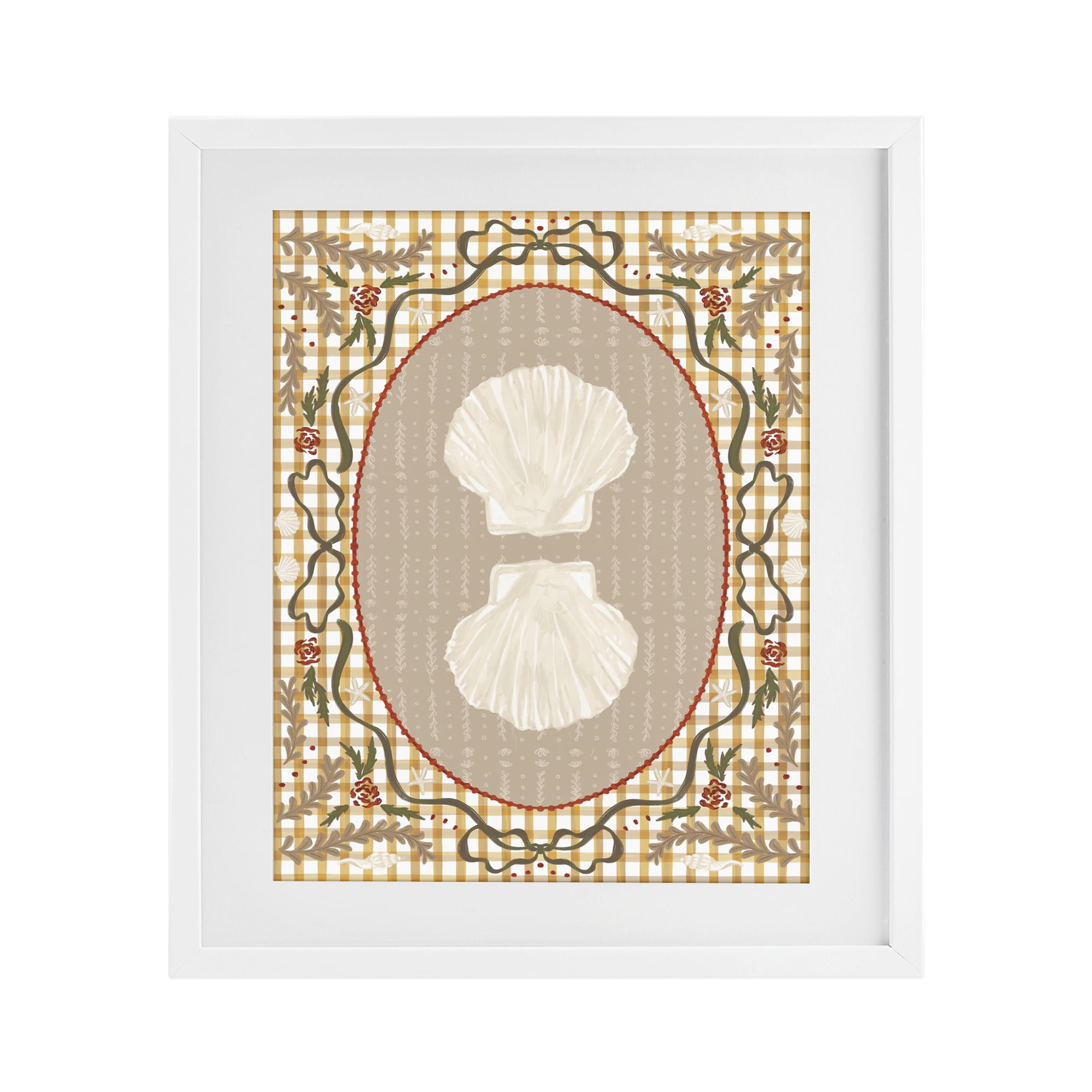 Stupell Industries Vintage Shells on Gingham White Framed Print Under Glass, design by Vero Illustrates