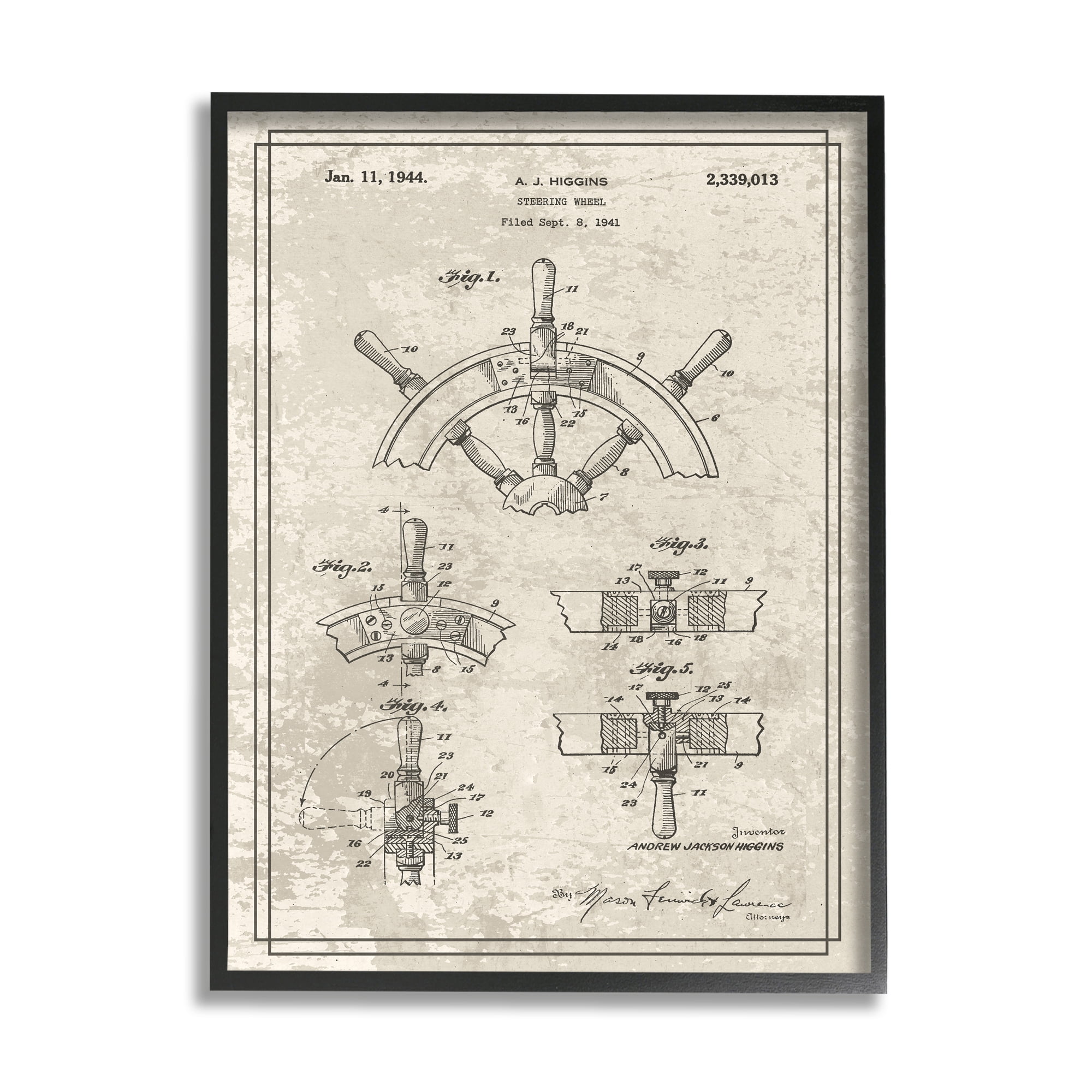 Stupell Industries Vintage Ship Steering Wheel Diagram Interior View Graphic Art Black Framed Art Print Wall Art, 16x20, by Daphne Polselli