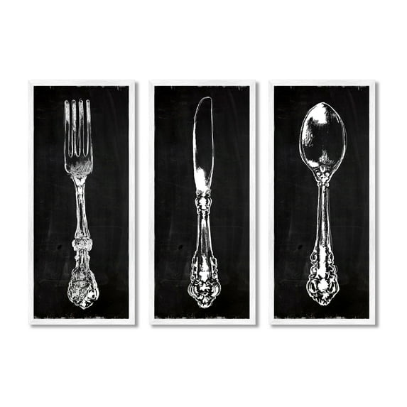 Stupell Industries Vintage Silverware Cutlery Kitchen Utensils Fork Spoon Graphic Art White Framed Art Print Wall Art, Set of 3, Design by Carol Robinson