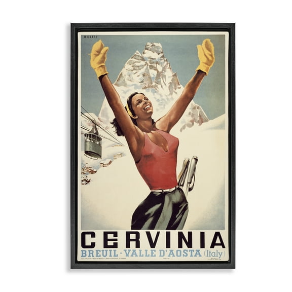 Stupell Industries Vintage Ski Cervinia Black Framed Floater Canvas Wall Art design by Marcus Jules, 25 x 17