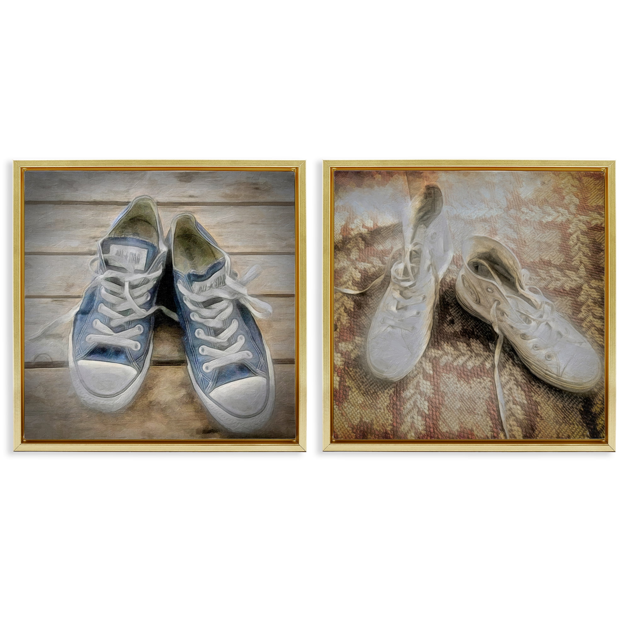 Stupell Industries Vintage Sneakers View Fashion Painting Gold Floater Framed Canvas Art Print Wall Art, 25 x 25, Set of 2